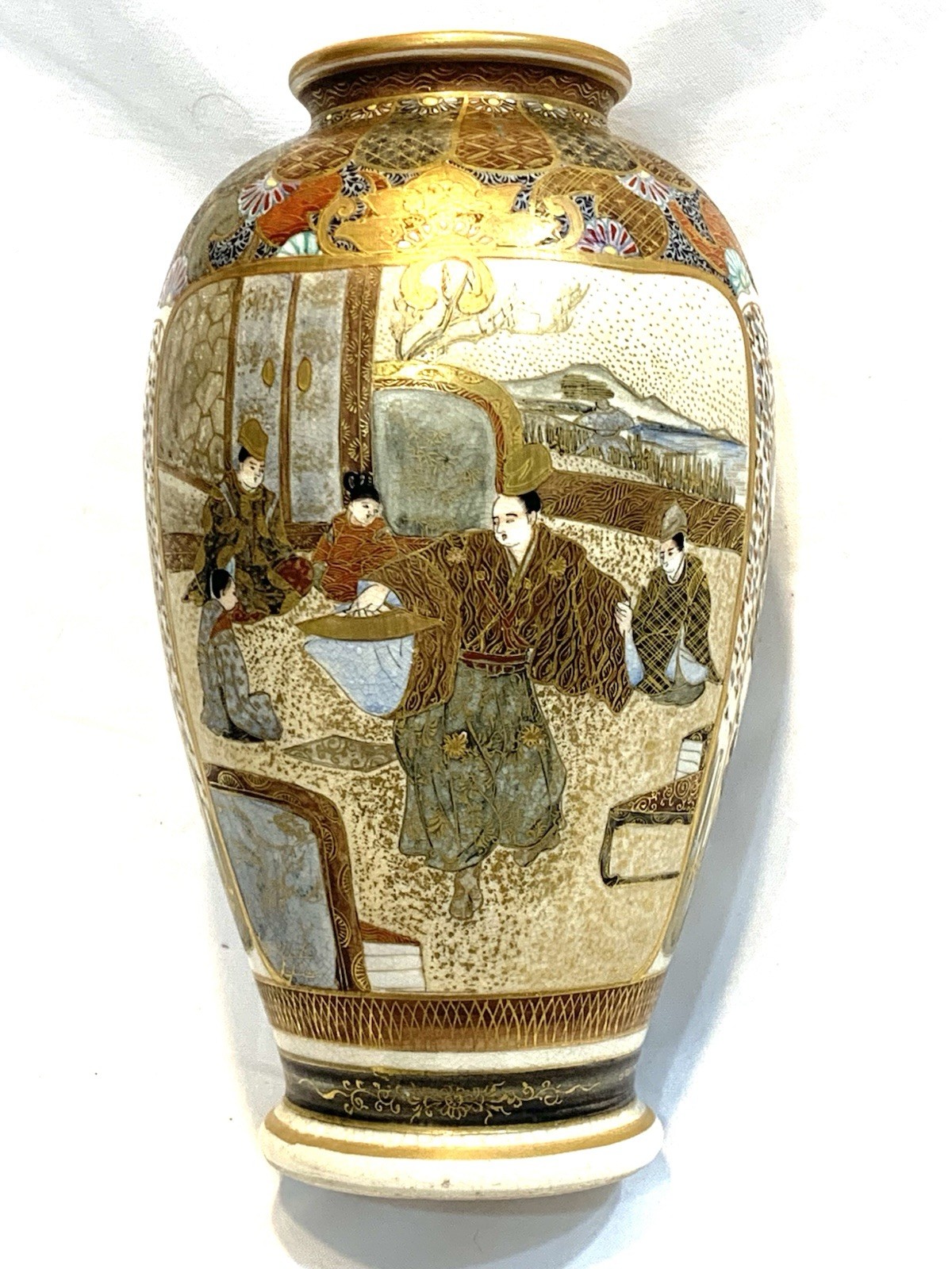 Antique Japanese Satsuma Vase Kudu be Studio Kyoto Meiji Taisho  7.25” Pristine