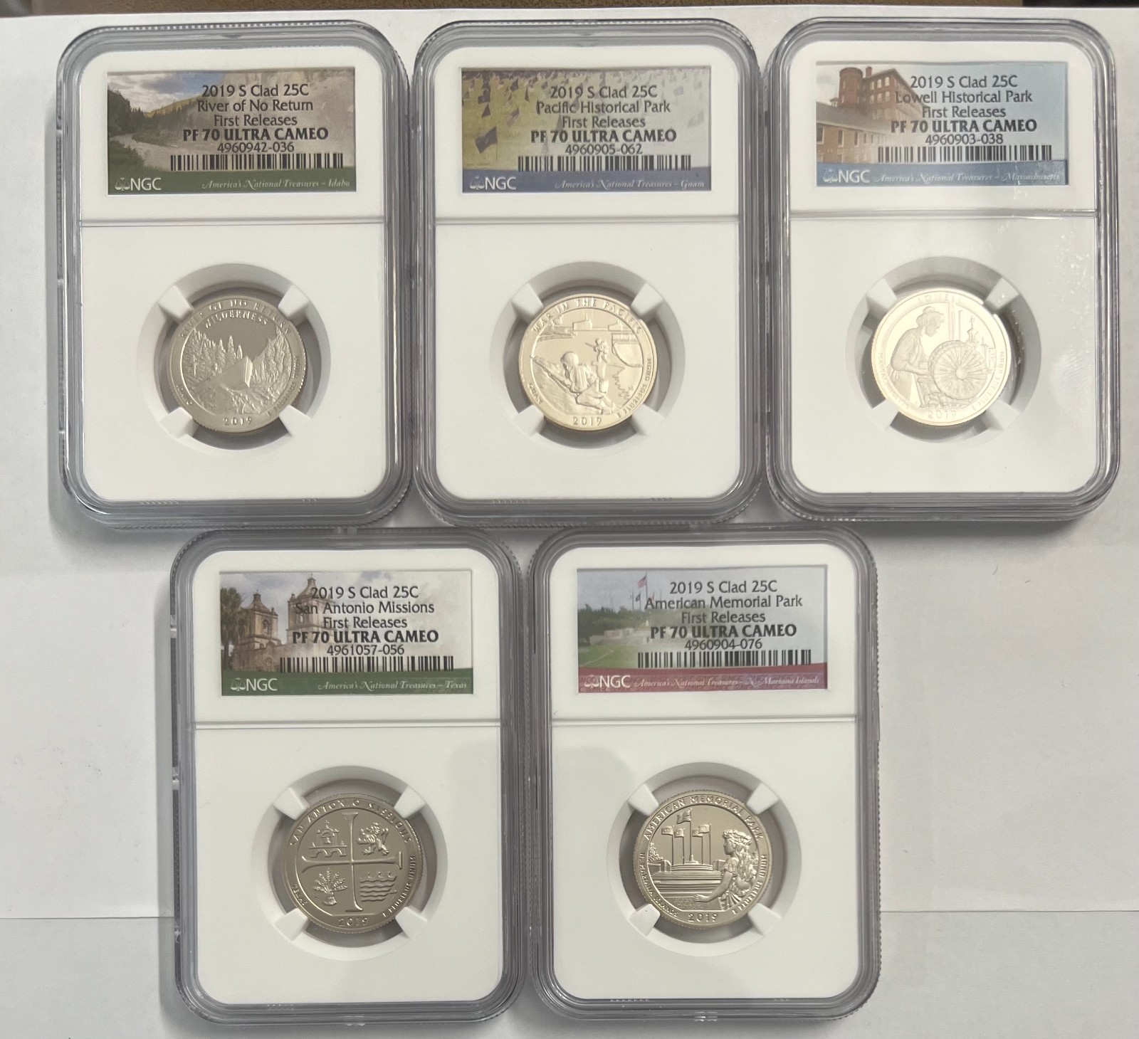 2019-S PROOF QUARTERS, NGC PF70 ULTRA CAMEO, FIRST RELEASE, COMPLETE 5 COINS SET