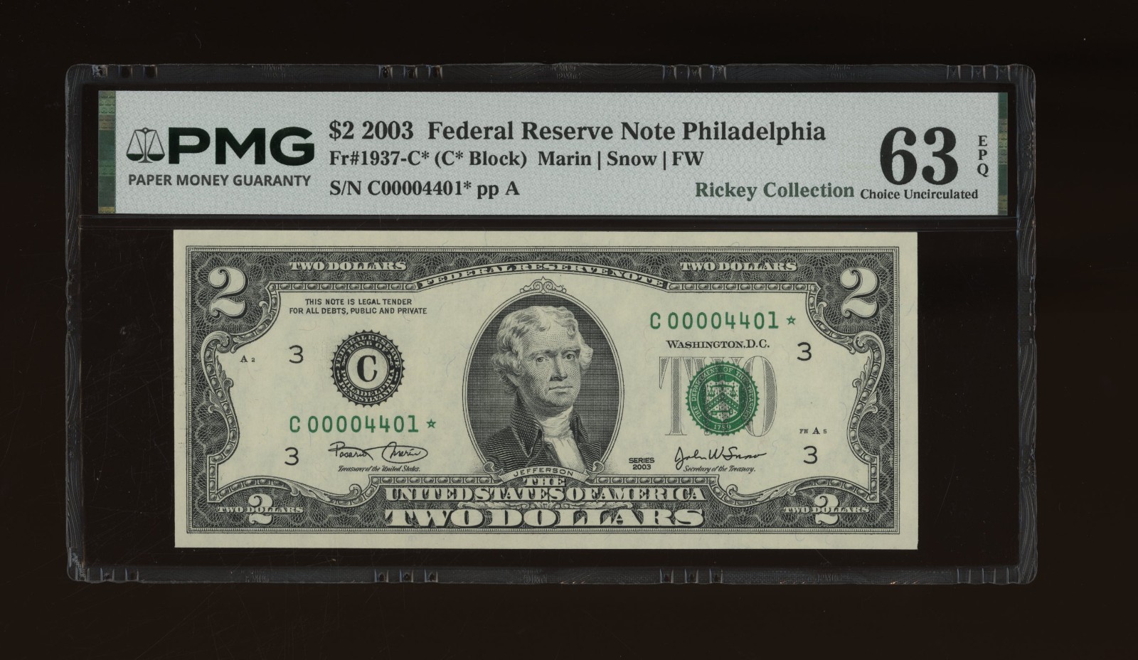 DBR 2003 $2 FRN Philadelphia STAR Fr. 1937-C* PMG 63 EPQ Low Serial C00004401*