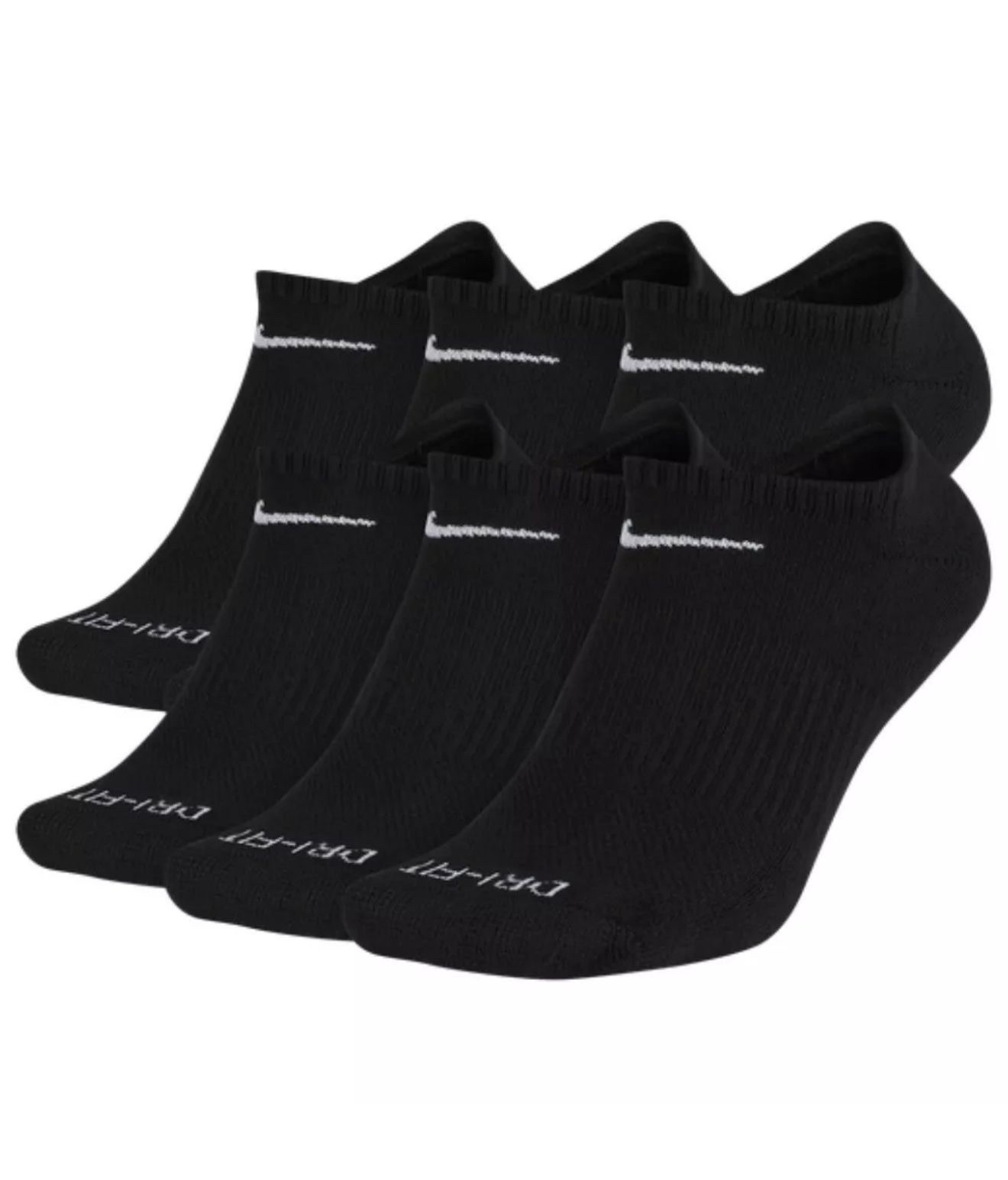 Nike NO SHOW Everyday  Cushion Unisex Drifit Socks - LARGE - BLACK - 6 Pair