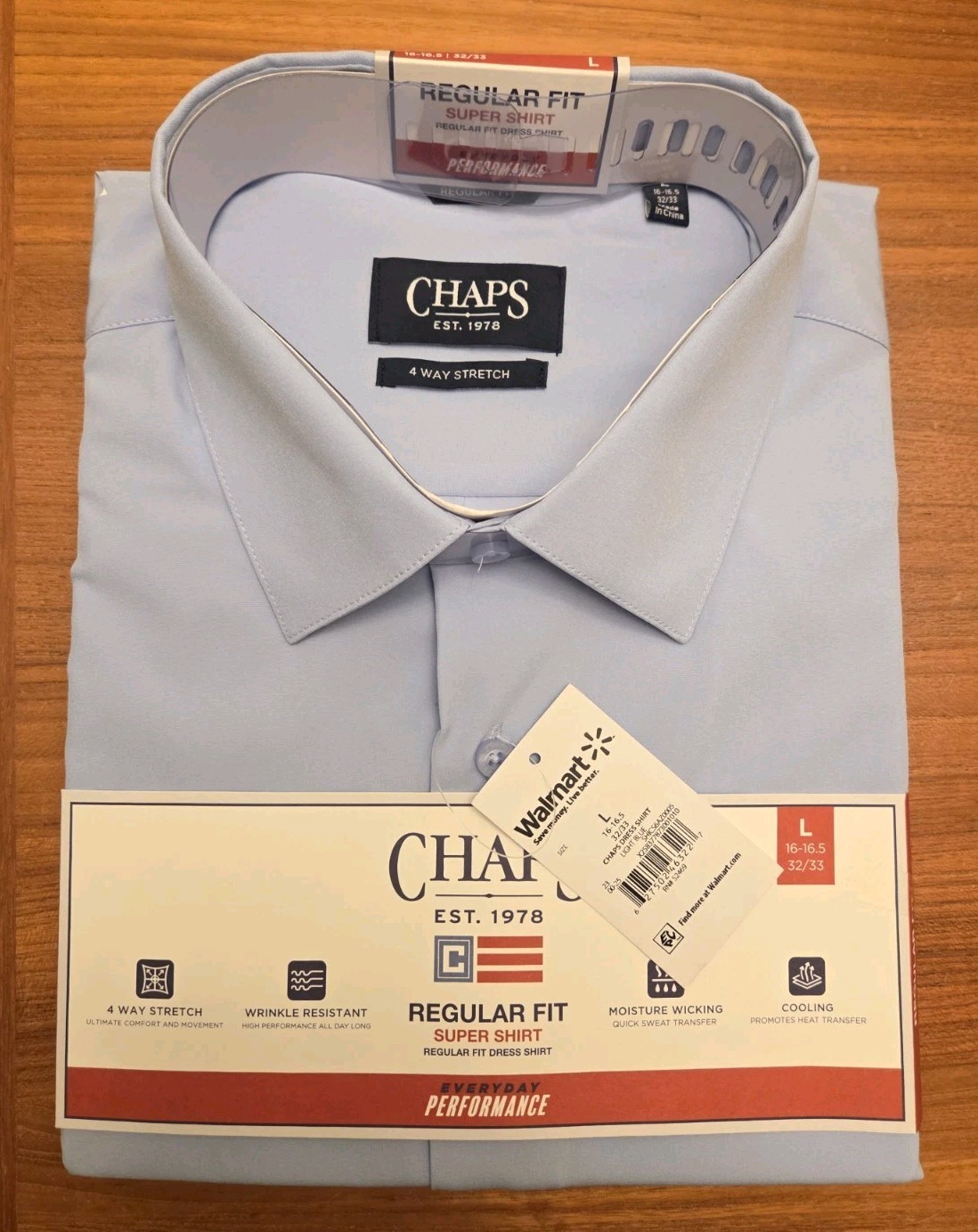 Chaps Men\'s LARGE 16-16.5 32/33 Long Sleeve Performance Dress Shirt BLUE #10726