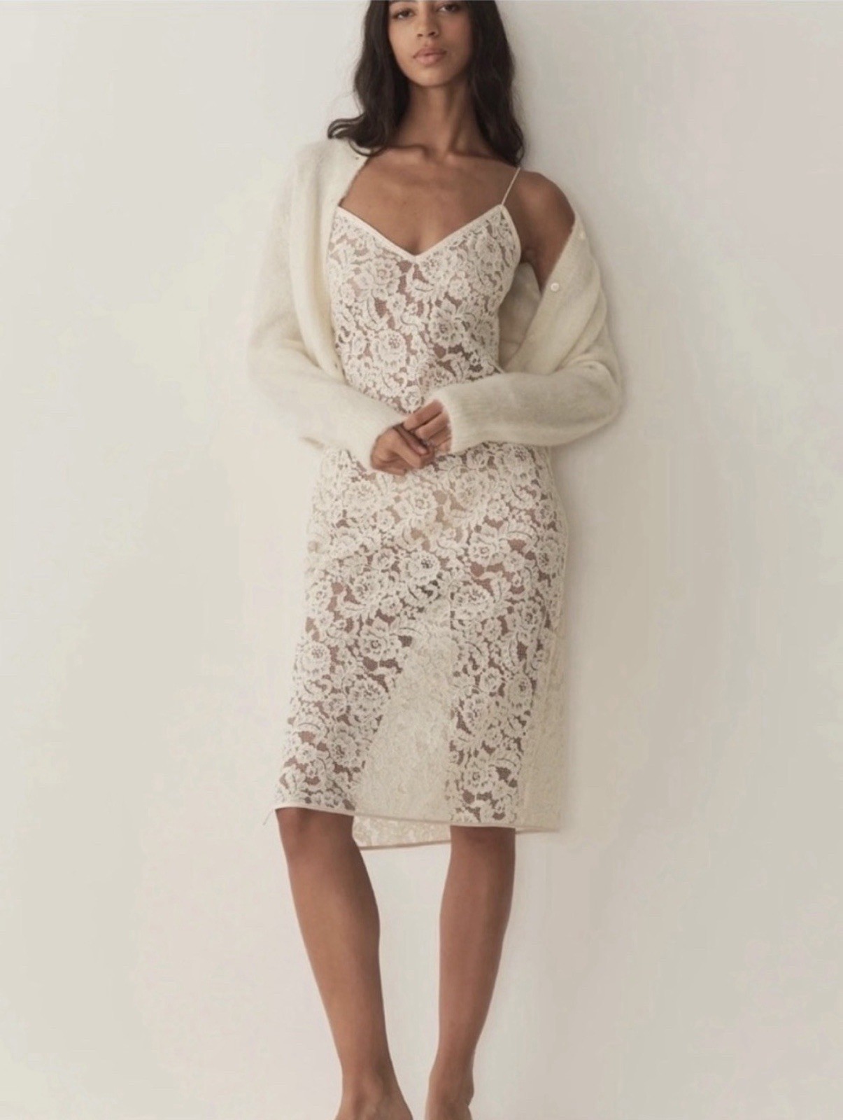 Doen Alissa Sheer Lace Midi Dress S Calla Lily Ivory Slip NWT