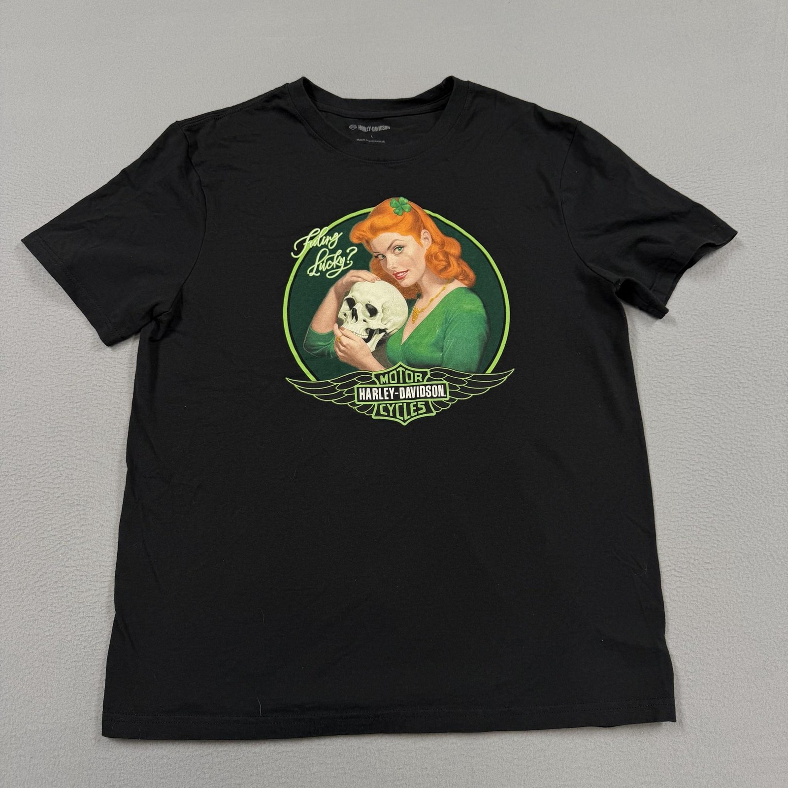Harley-Davidson Feeling Lucky Shirt Mens Large Black Pin-Up Skull Graphic Tee