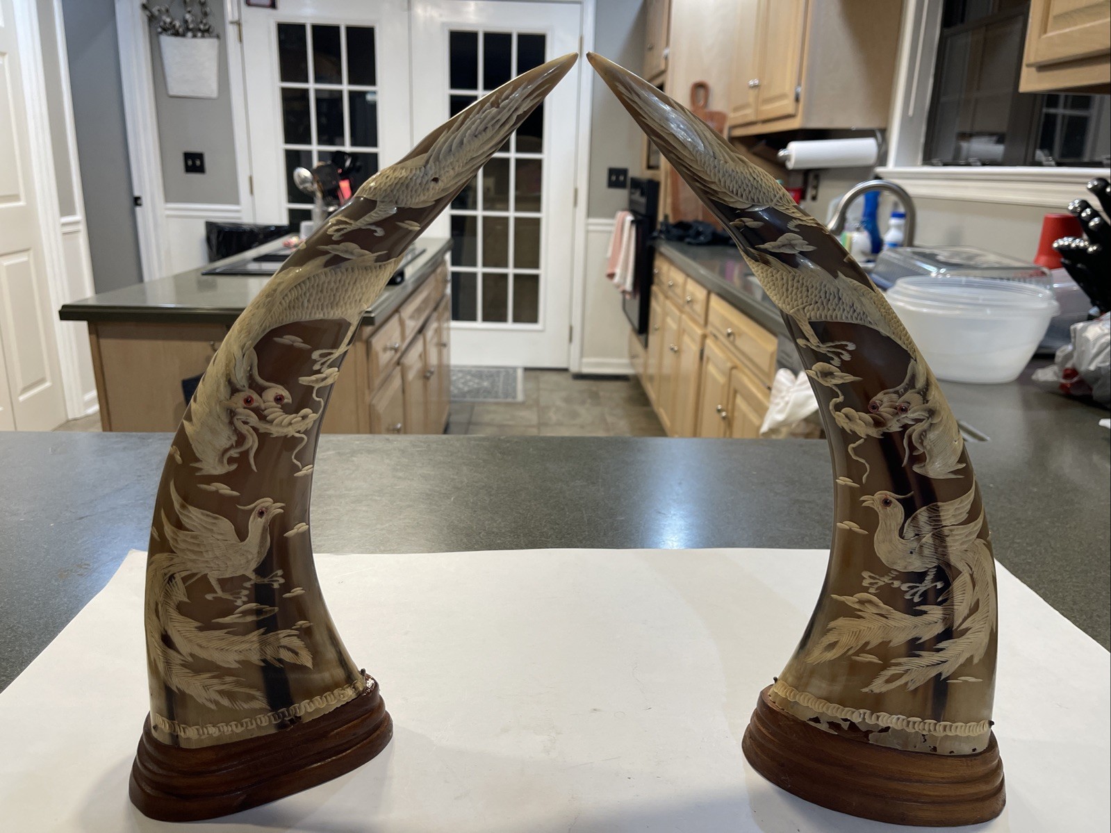 Vintage Asian Japanese Water Buffalo Horns Hand Carved Dragons & Birds Pair