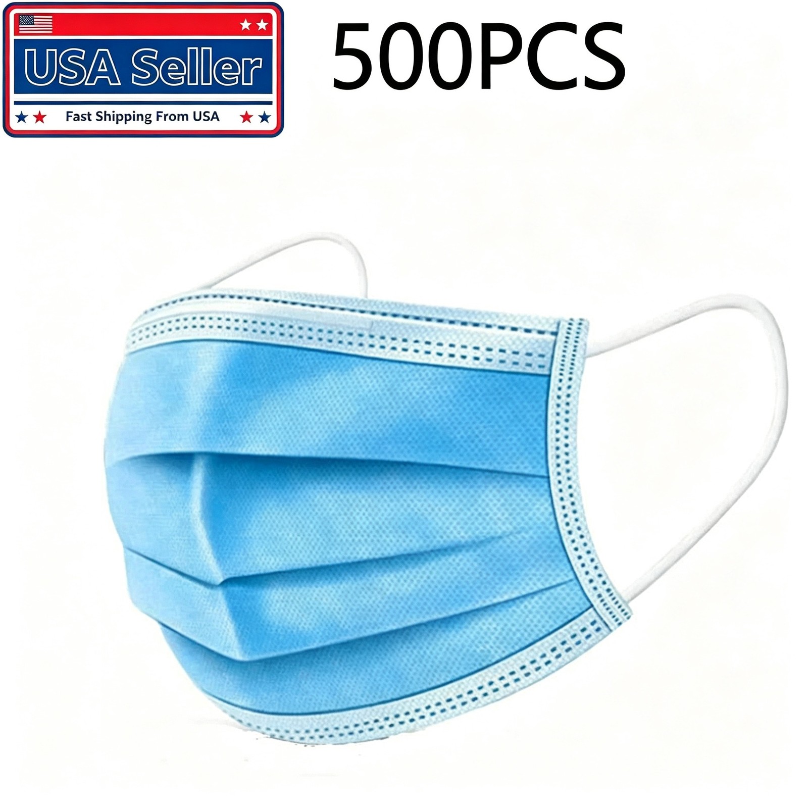 Blue 500 Pcs Disposable Face Masks 3-Ply Non Medical Surgical Earloop Adult FAST