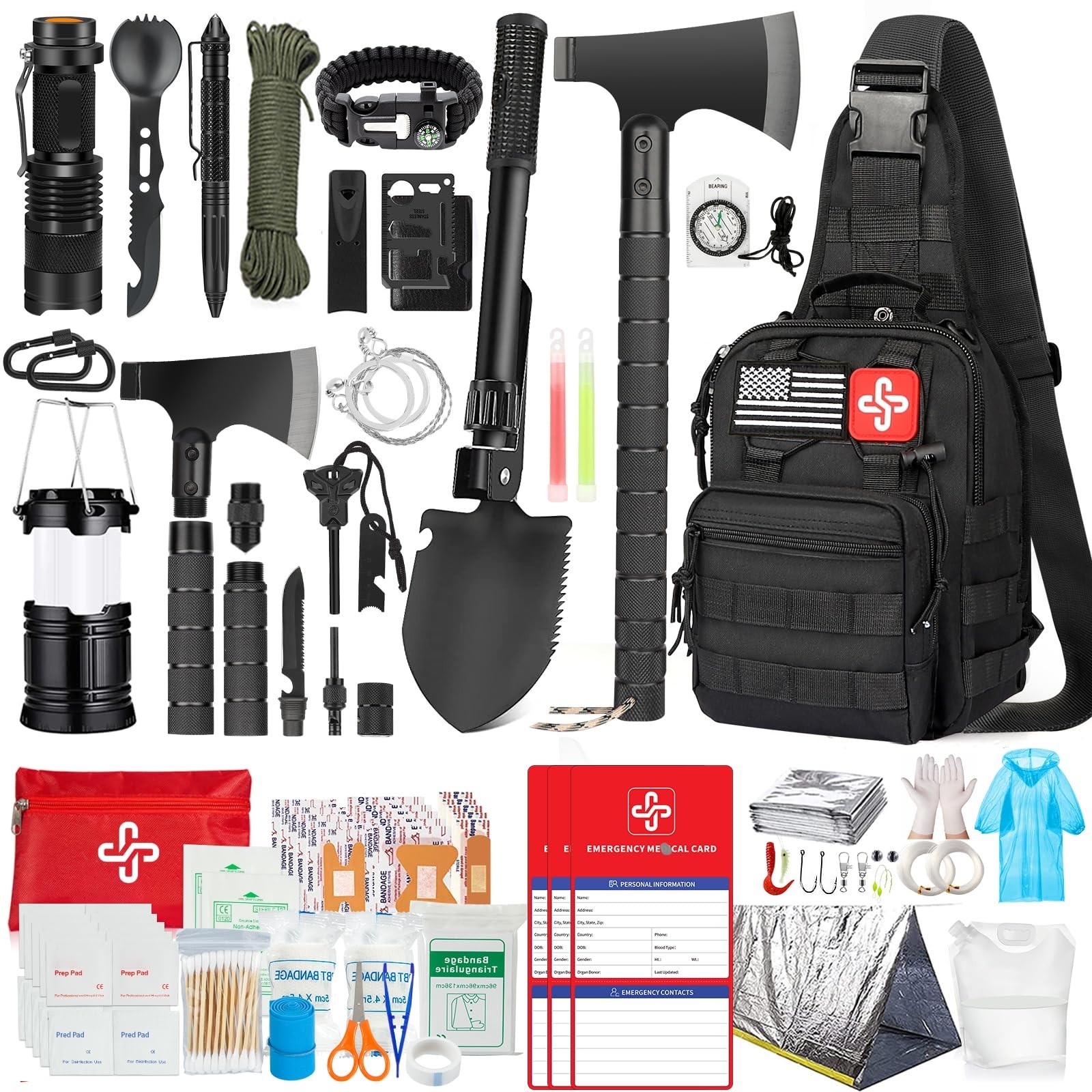 Emergency Survival Kit 262Pcs Gear & Supplies, First Aid Pouch, Camping Axe, Bug