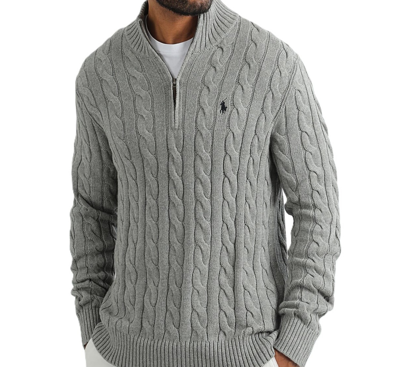 NWT - Polo Ralph Lauren Men\'s 1/4 Zip Cable Knit Cotton Sweater: GRAY - M - XXL