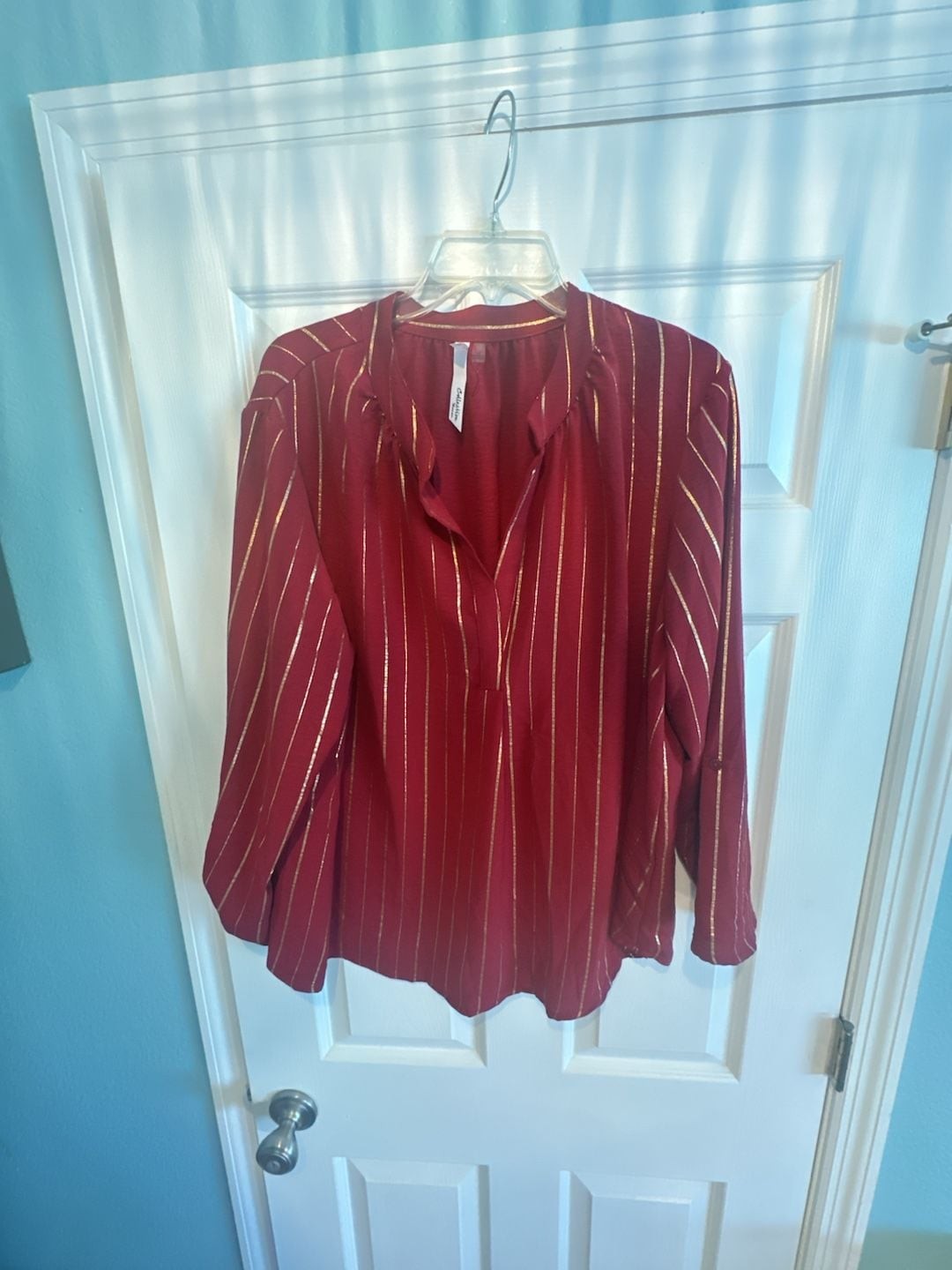 NY Collection Petite Long Sleeve Foil Striped Blouse 2X Red Gold NY Collection Petite Long Sleeve Foil Striped Blouse 2X Red Gold