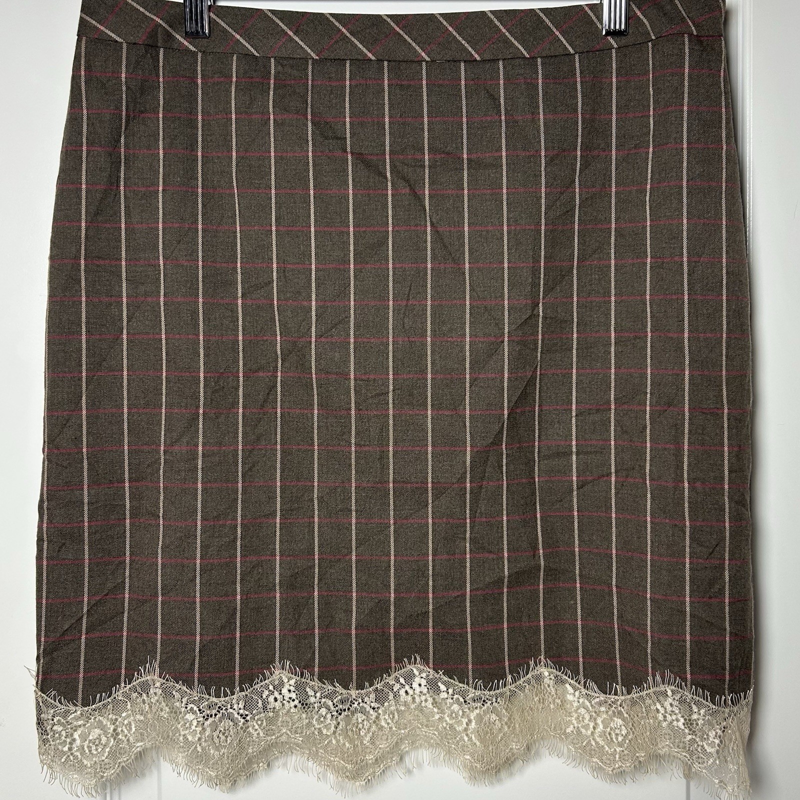 Chelsea28 Gray Plaid Cream Lace Trim Hem Mini Skirt Preppy Dark Academia Style