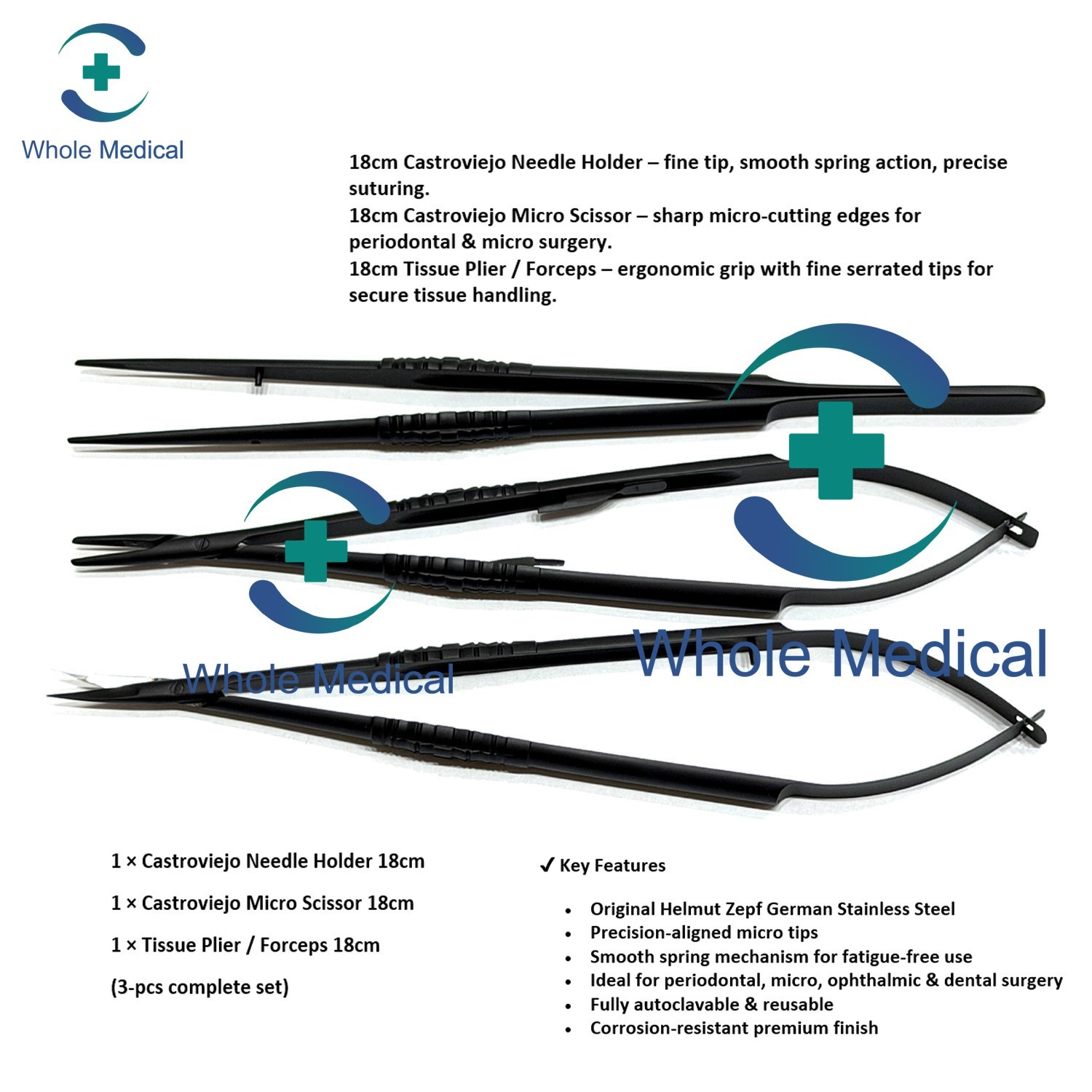 Zepf Helmut 18cm Castroviejo Needle Holder, Scissor, Plier Micro Set Black Zepf Helmut 18cm Castroviejo Needle Holder, Scissor, Plier Micro Set Black