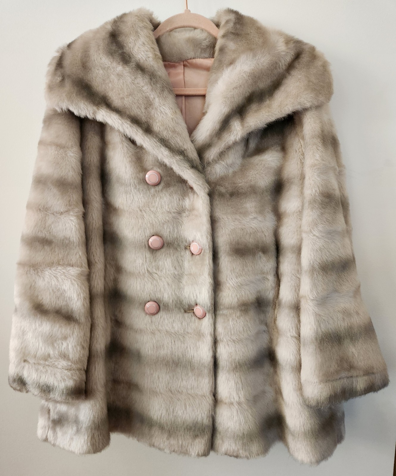 VTG 1970s Union Made Faux Fur Beige Double Breasted Womens XL Coat Jacket