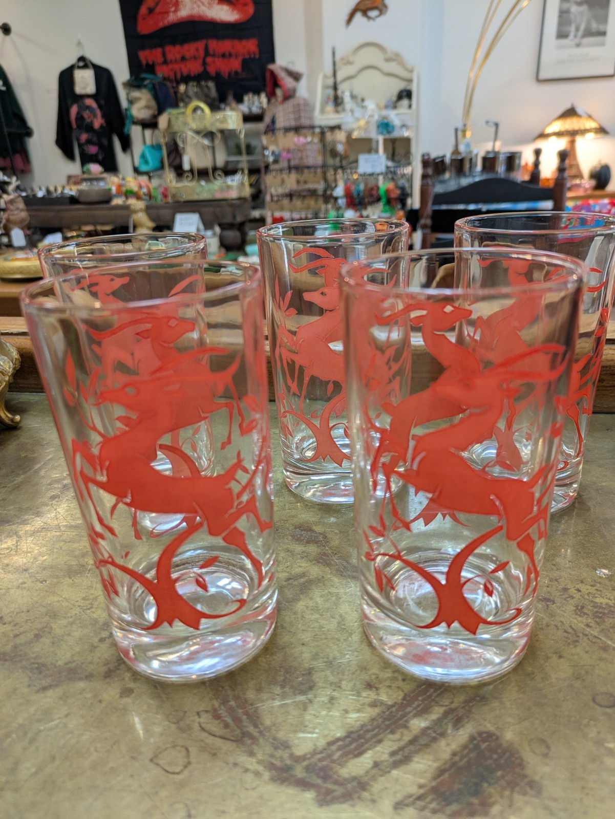 Vtg Federal Glass Red Gazelle Highball Glasses Set of 5 MCM Antelope Tumbler 5\