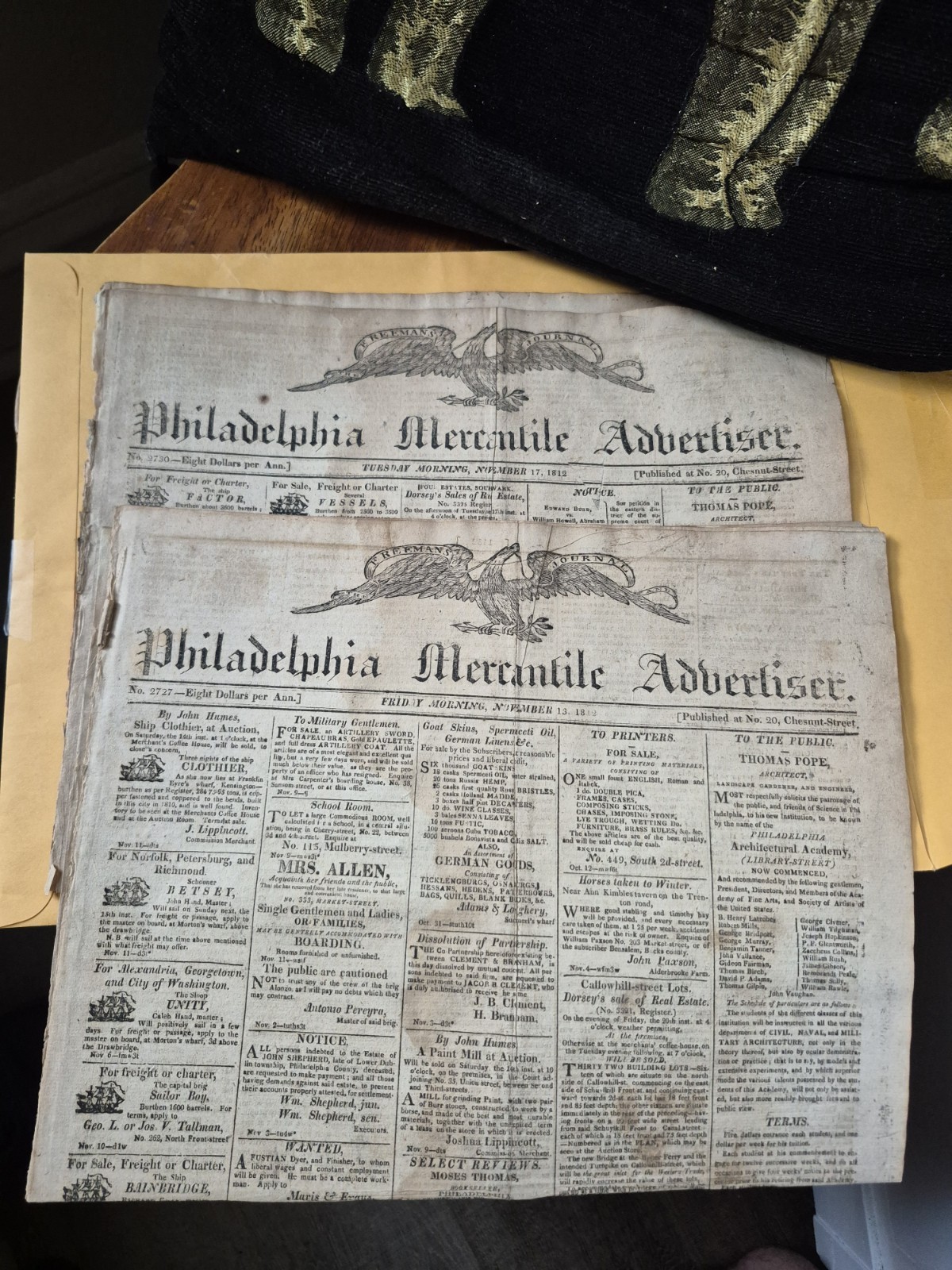 TWO 1812 Freeman\'s Journal: Philadelphia Mercantile Advertiser, No. 2727 & 2730 TWO 1812 Freeman\'s Journal: Philadelphia Mercantile Advertiser, No. 2727 & 2730