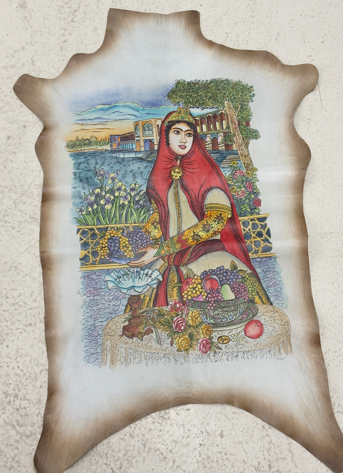 Beautiful Persian Lady Art Oil On Leather Sheepskin Painting