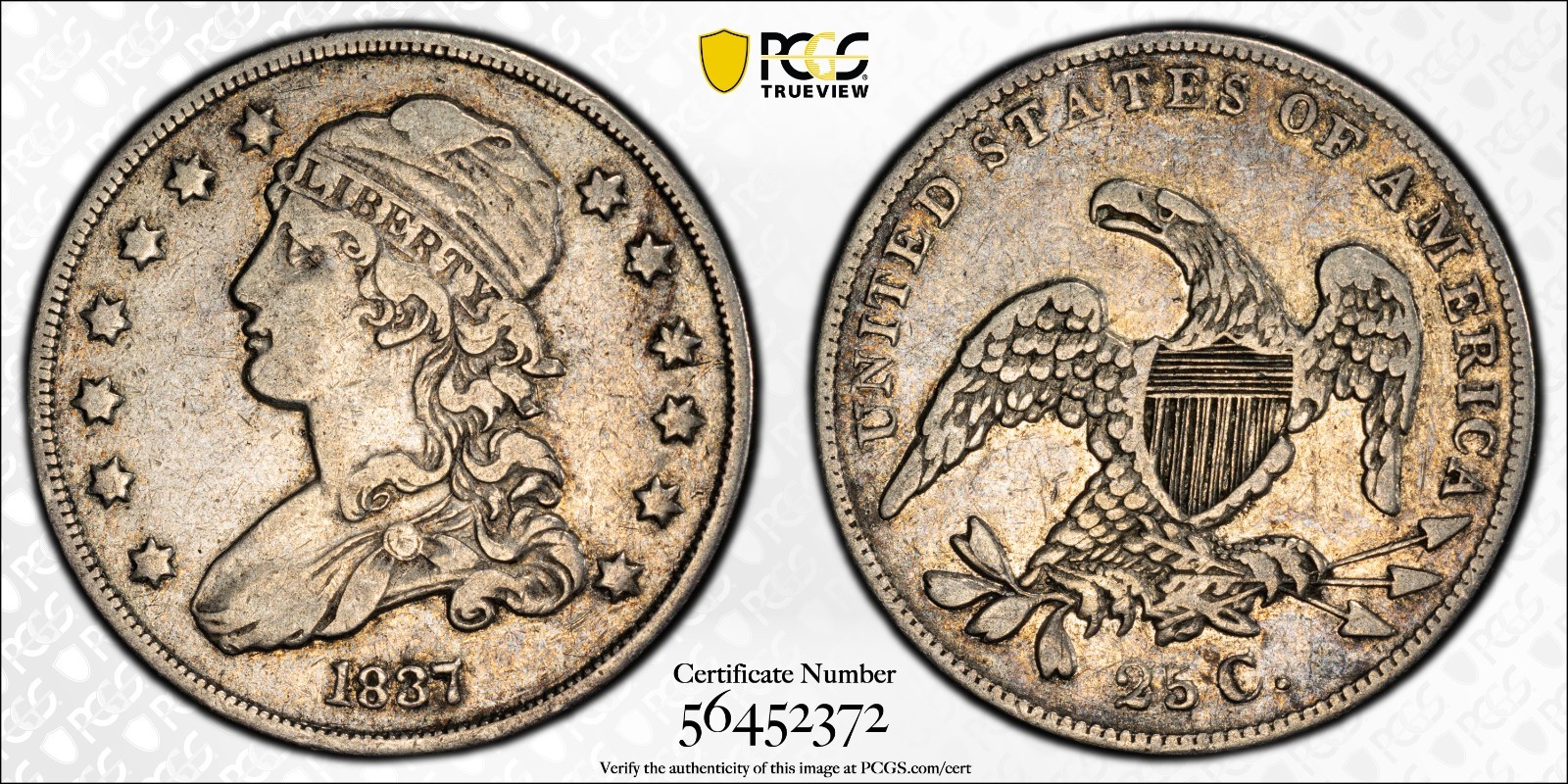 1837 Capped Bust Quarter US 25c Silver Coin PCGS VF30 w/Gold Shield Protection