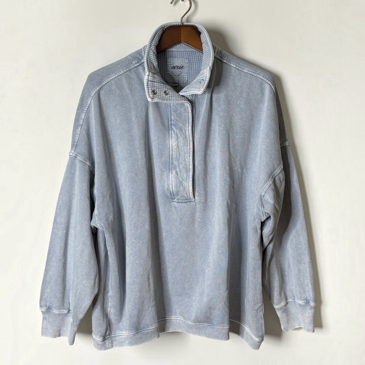 NEW Aerie Getaway Quarter Snap Oversized Sweatshirt Mineral Wash Blue 2XL