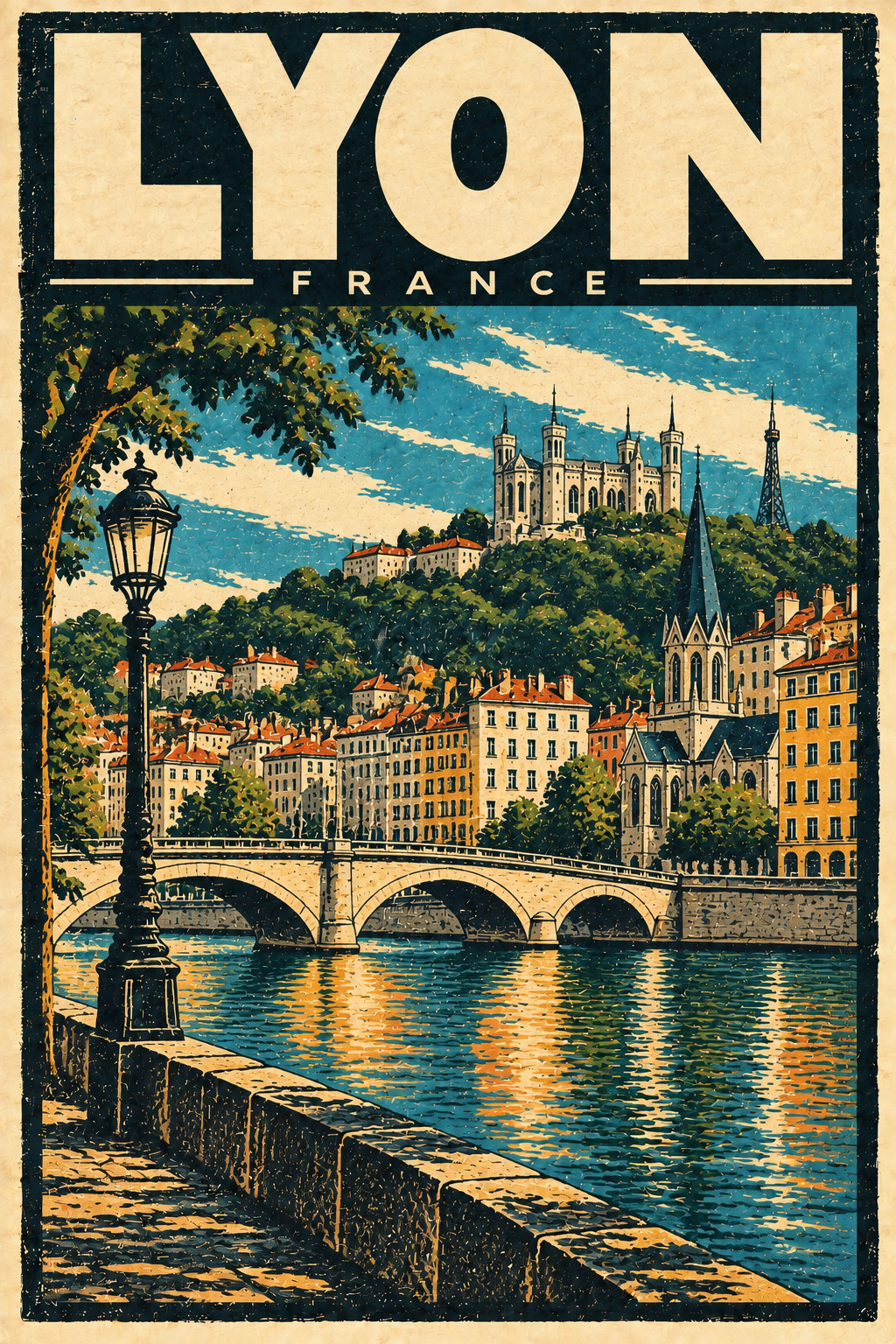 Lyon France Basilica River Bridge Vintage European City Travel Poster Art 24x36 Lyon France Basilica River Bridge Vintage European City Travel Poster Art 24x36