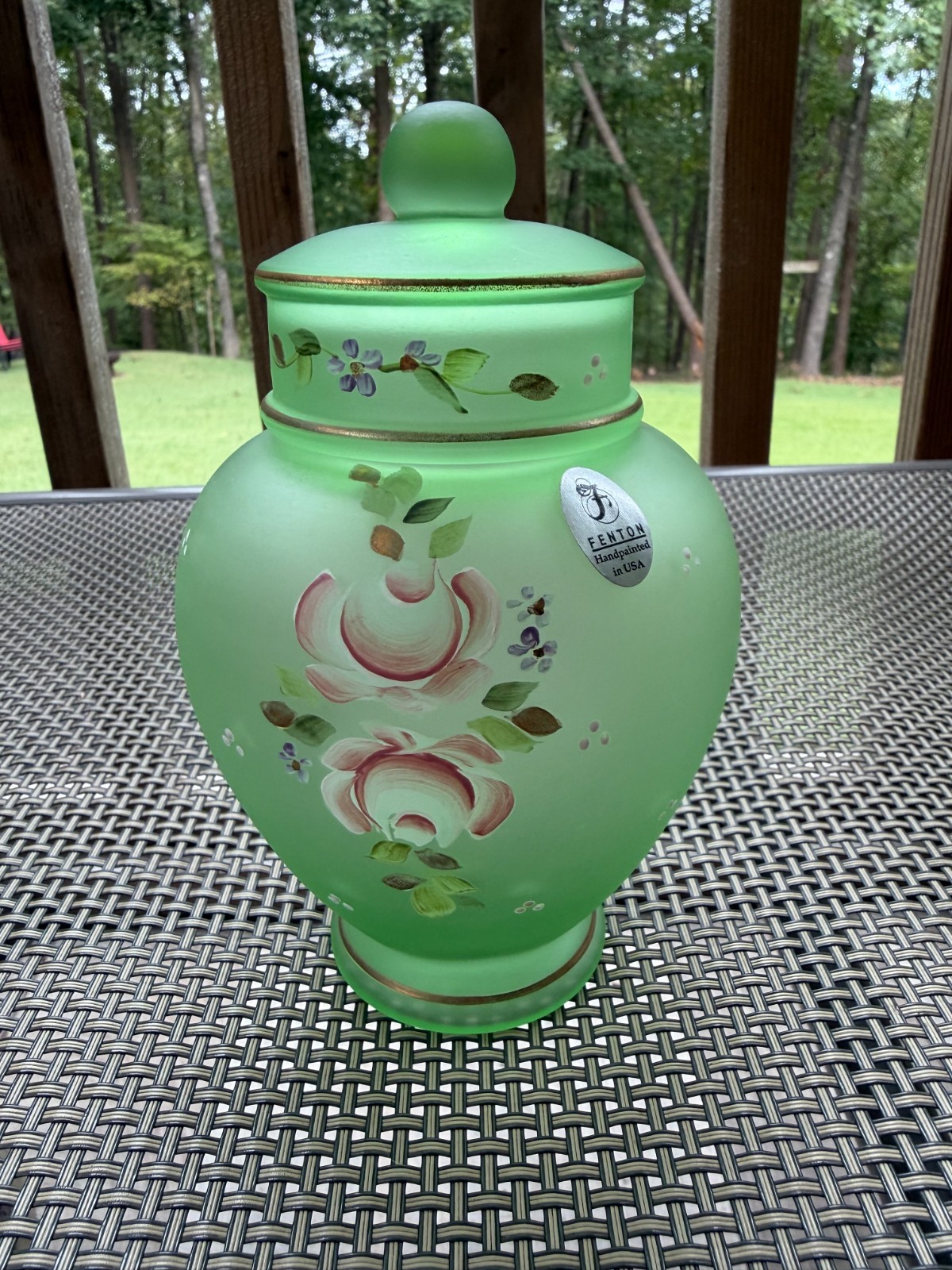 VINTAGE FENTON GREEN SATIN GLASS ROSES GINGER Lidded JAR hand painted/signed VINTAGE FENTON GREEN SATIN GLASS ROSES GINGER Lidded JAR hand painted/signed