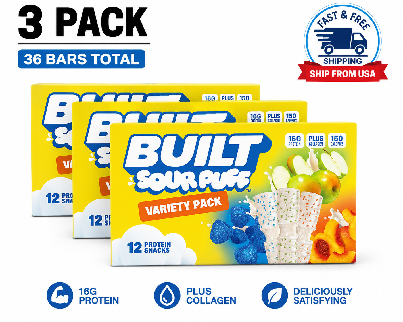 BUILT Sour Puff Variety Protein Bars 3 Pack 36 Count Assorted Flavors