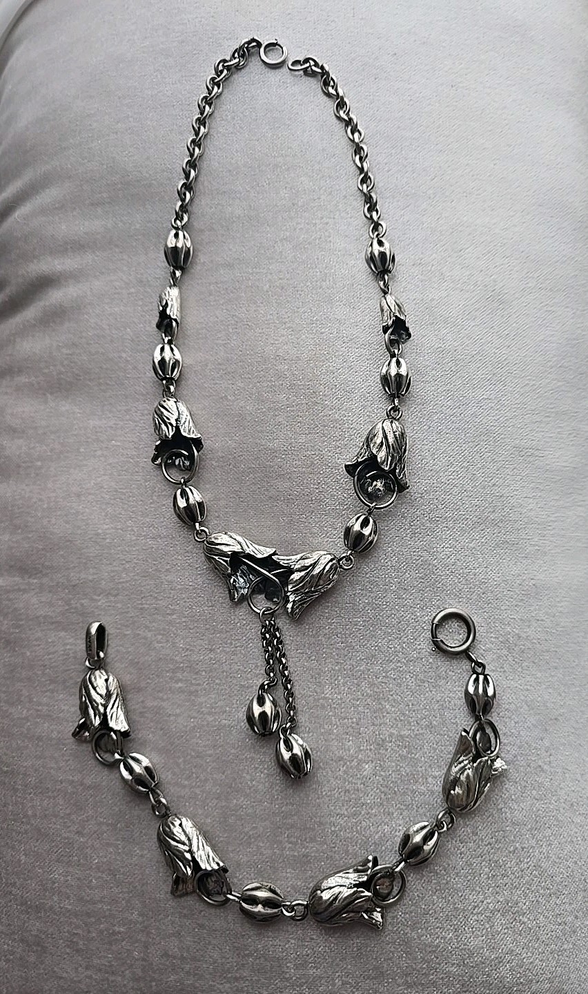 1940\'s Napier Sterling Tulip Pod Necklace & Bracelet Set Lariat Style 