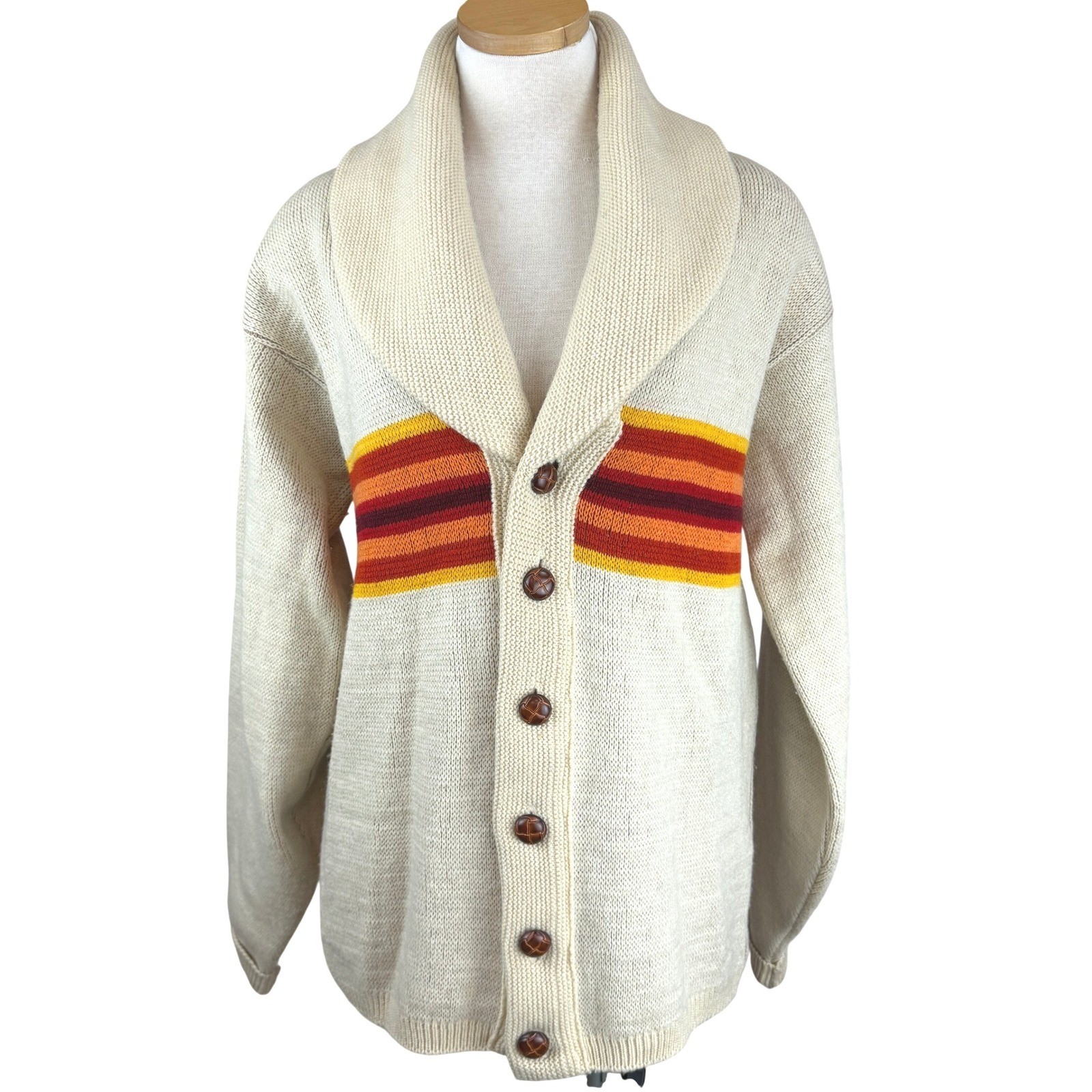 Vintage 80s PENDLETON Harding Shawl Collar Cardigan|L|Wool Western Aztec Cream