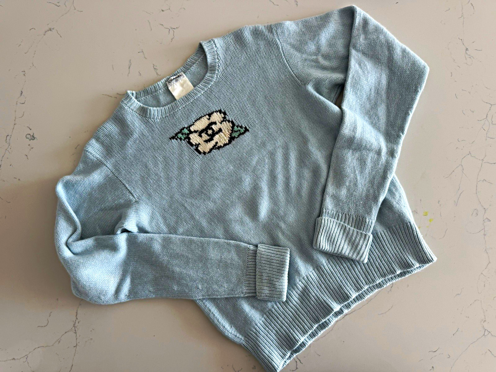 Authentic Vintage 1995 CHANEL Baby Blue Knit Sweater Camellia Flower Pullover 44