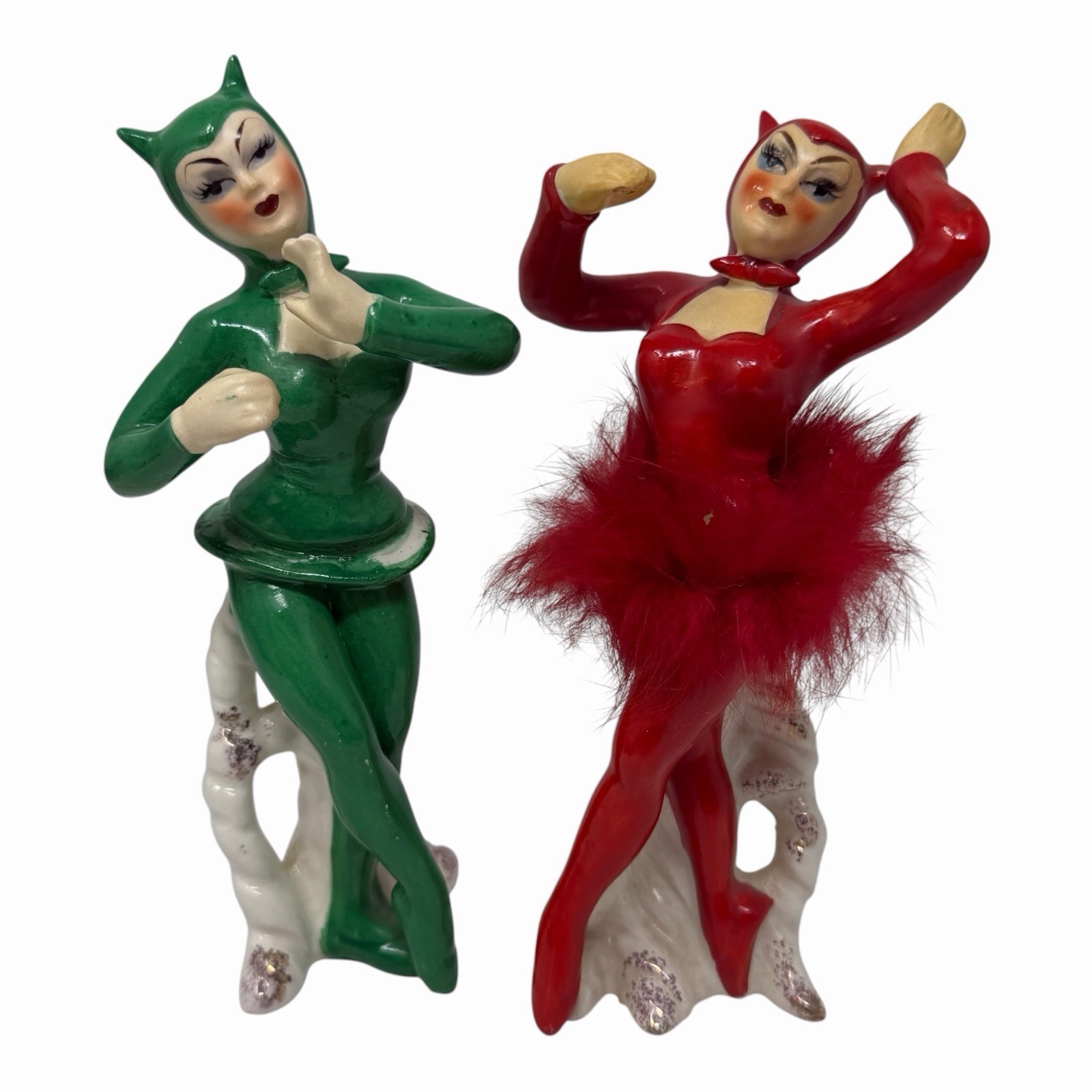 Vintage Sonsco Japan She Devil Ballerina Ceramic Figurine Set Red & Green 1950s Vintage Sonsco Japan She Devil Ballerina Ceramic Figurine Set Red & Green 1950s