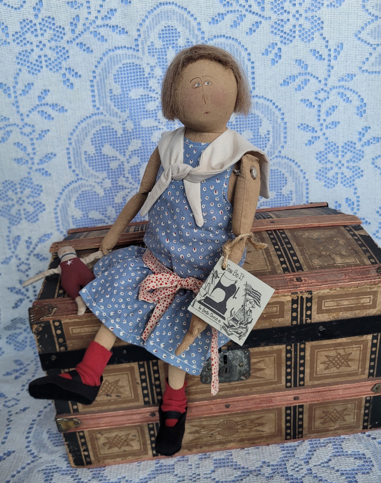 Artist Handmade Folk Art Cloth Rag Doll SAIL AWAY By Greta Chirco Sew Be It EXC
