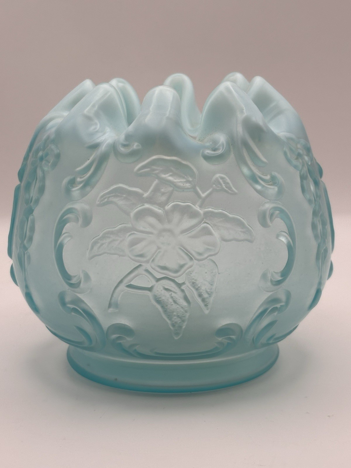 Vintage Fenton Blue Satin Wild Rose Large Rose Bowl Crimped Ruffled Glass 4.5”