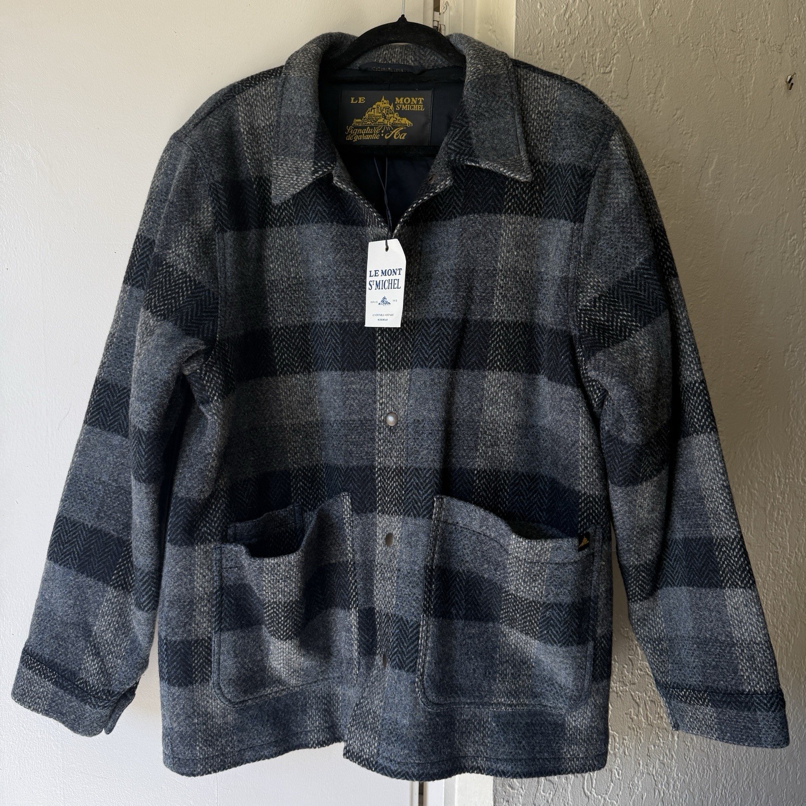 NWT $498 Le Mont St Michel Vardin Patchwork Wool Chore Jacket Large Navy Plaid