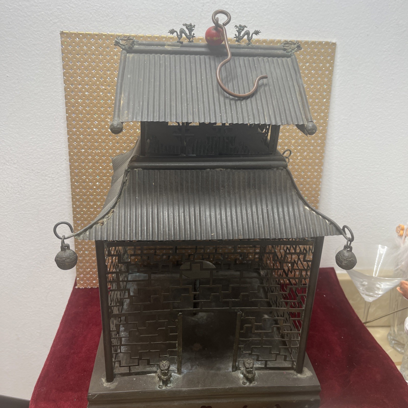 Antique Chinese Pagoda Temple Bronze Metal Birdcage Fu Dogs  Dragons Hook On Top