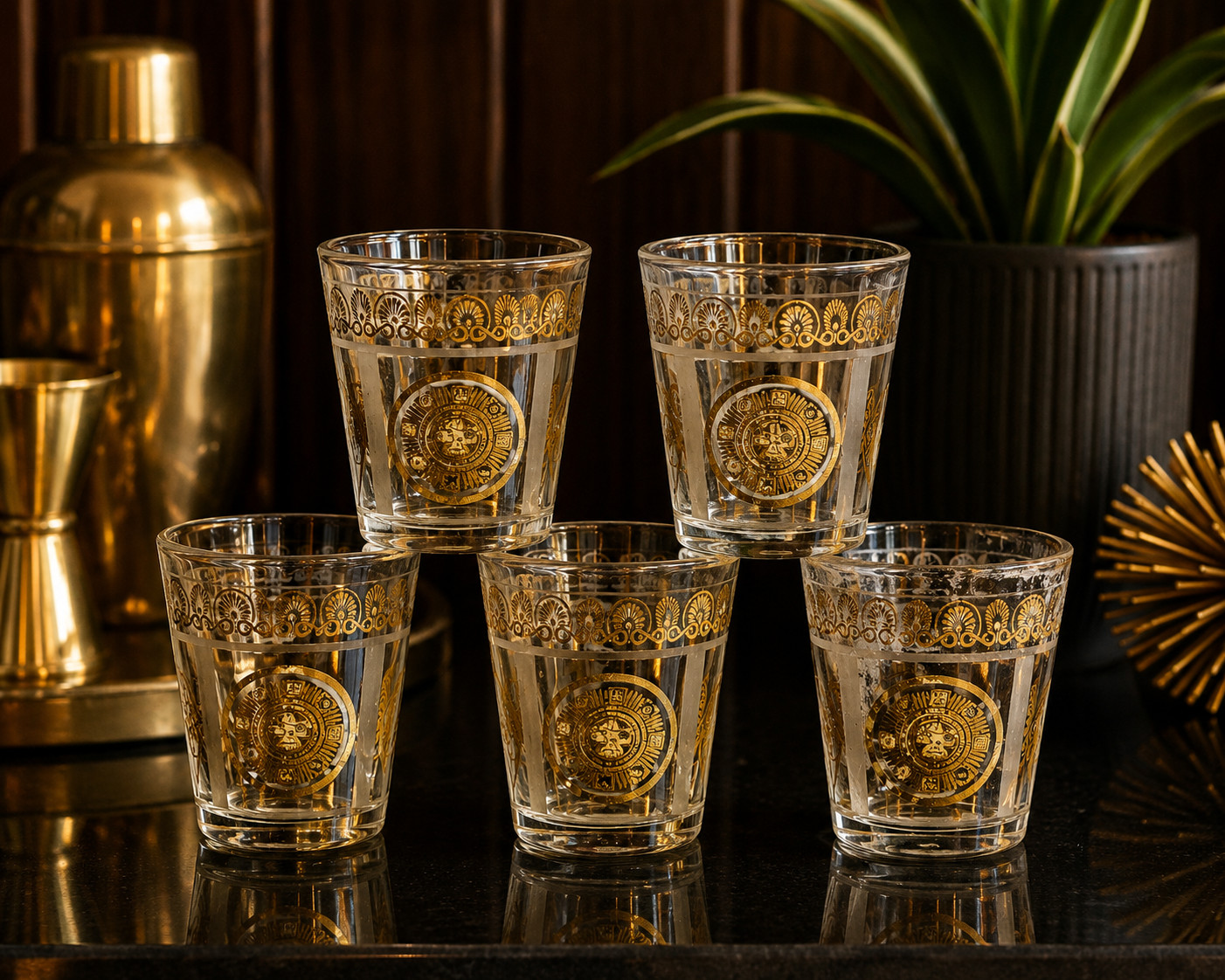 Vintage Hazel Atlas Aztec Gold Medallion Shot Glasses Set 5 MCM Mayan Barware