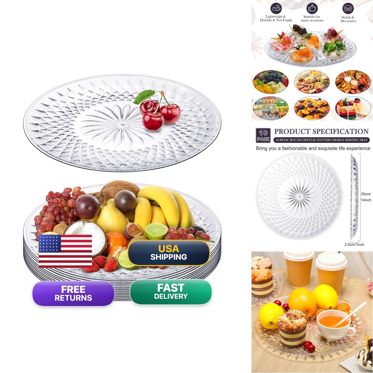 Fumete 10 Pcs Round Plastic Serving Platters 14 Inch Clear Plastic Tray Acrylic