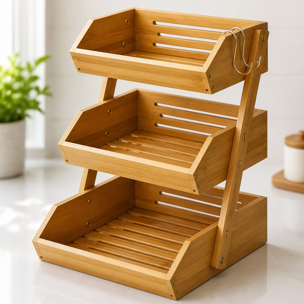 Birdock Bamboo Fruit Basket Stand Large Capacity 3/2-Tier Kitchen Organizer New