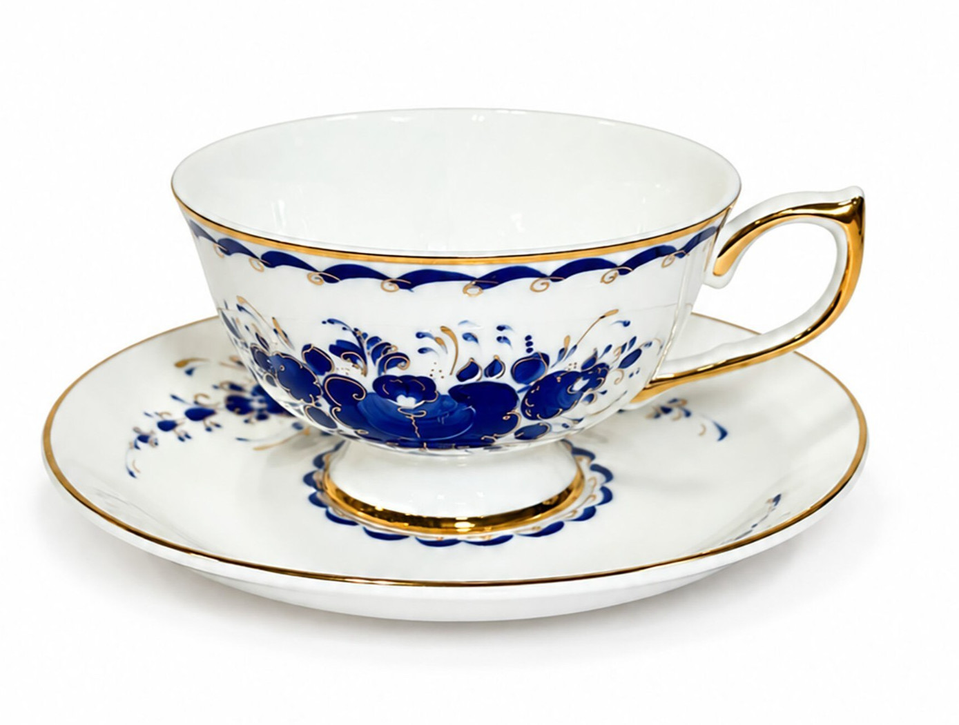 STPGOODS Signature Porcelain Teacup and Saucer Set Blue and Gold Gzhel Style Cup