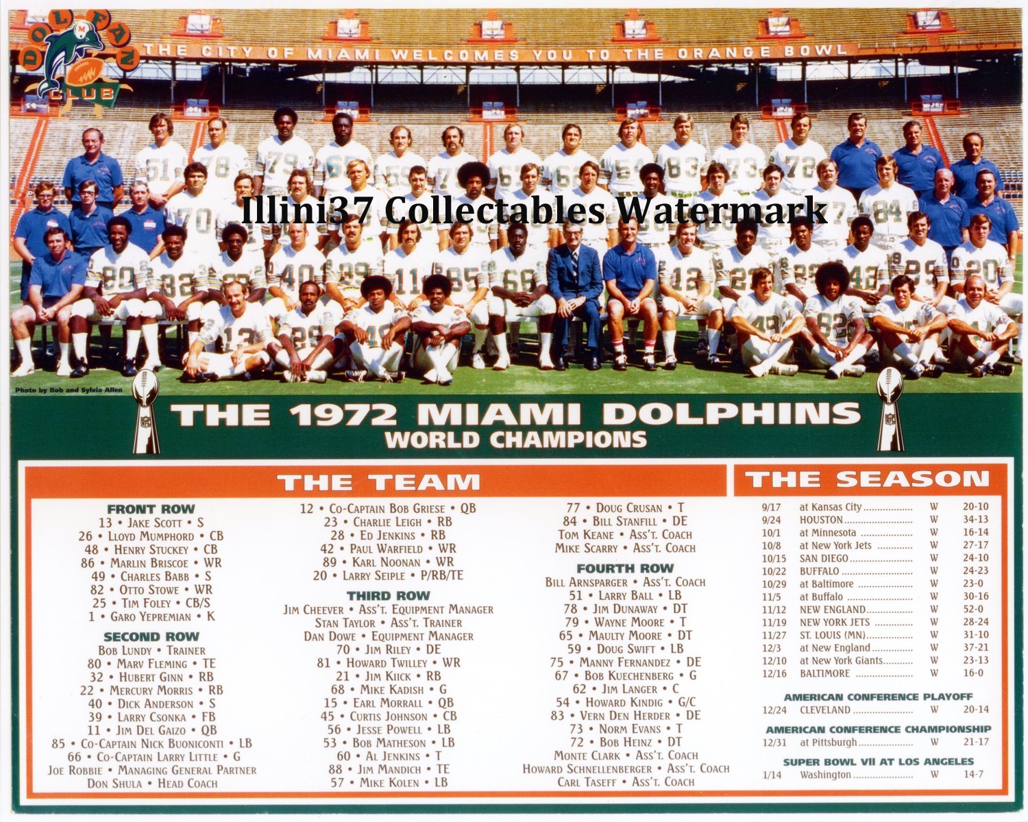 1972 MIAMI DOLPHINS UNDEFEATED NFL SUPER BOWL CHAMPIONS TEAM 8X10 PHOTO 1972 MIAMI DOLPHINS UNDEFEATED NFL SUPER BOWL CHAMPIONS TEAM 8X10 PHOTO