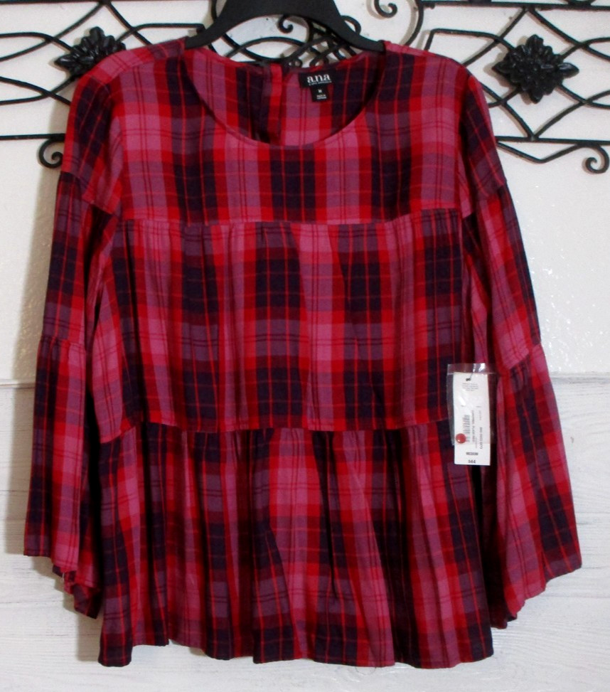 A.N.A Women\'s Top Size M Long Sleeve Multicolored Plaid Round Neck