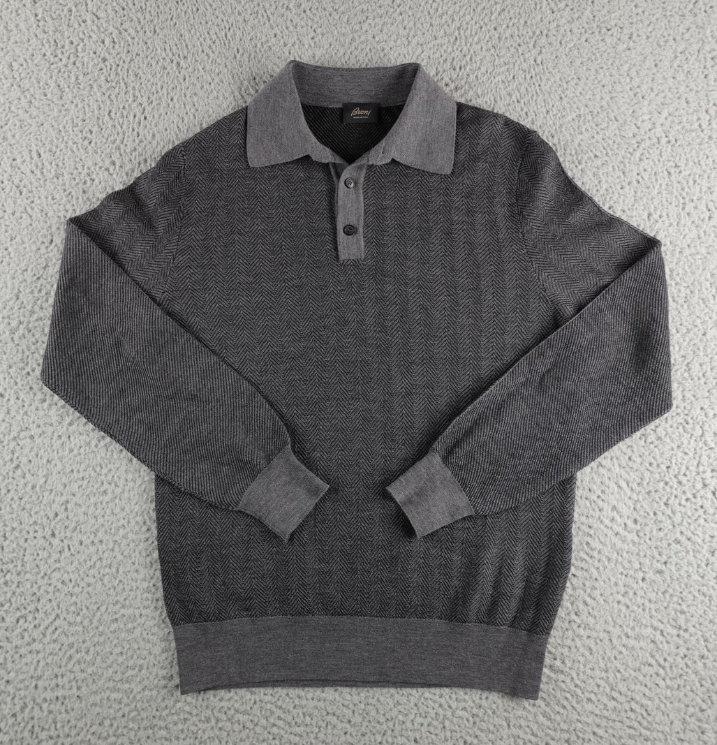 Brioni Sweater Mens IT 48 Gray Herringbone Wool Collared Pullover Polo Italy