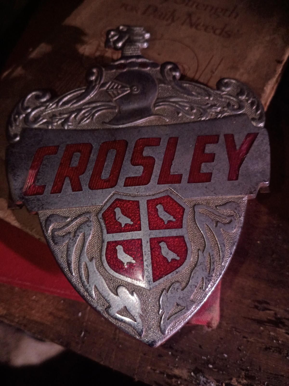 Vintage CROSLEY Metal Emblem Badge Crest Logo w/ Red Enamel Inlay Vintage CROSLEY Metal Emblem Badge Crest Logo w/ Red Enamel Inlay
