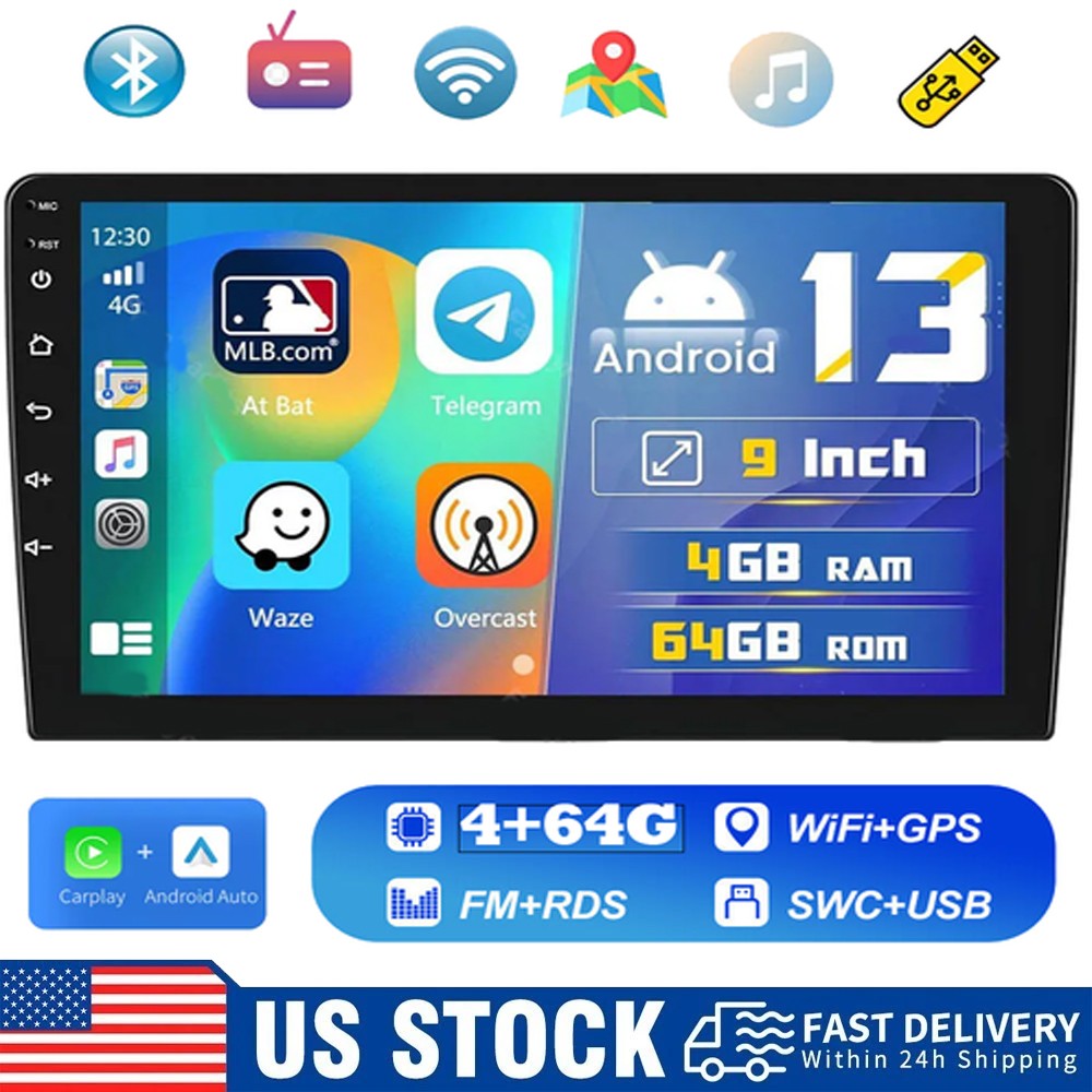 9\'\' Android13 4+64G Apple Carplay Stereo Bluetooth GPS Nav FM 2 DIN Car radio