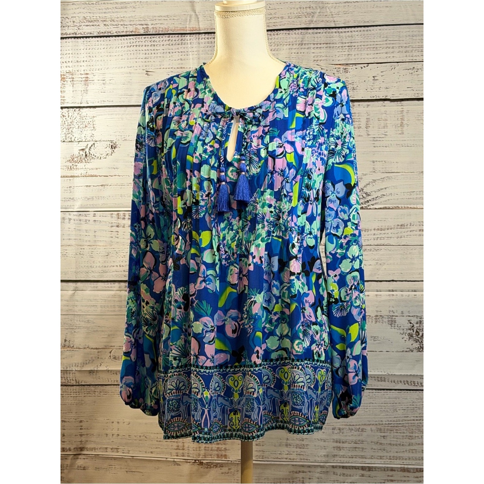 Lilly Pulitzer Blue Floral Tassel Peasant Tunic