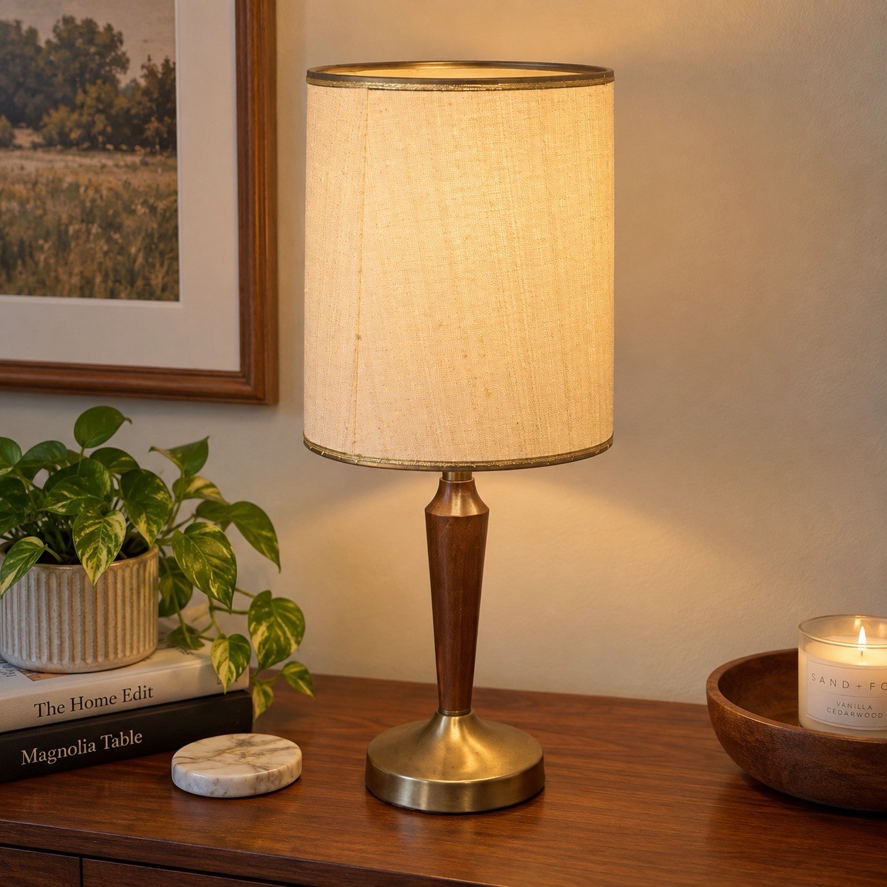Vintage MCM Table Lamp Wood Brass Tone Original Drum Shade Mid Century Modern Vintage MCM Table Lamp Wood Brass Tone Original Drum Shade Mid Century Modern