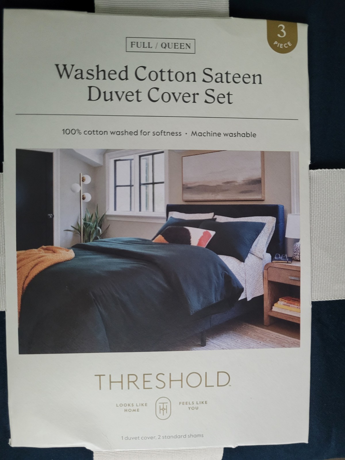 Threshold Washed Cotton Sateen Full/Queen Duvet Set Blue 3pc Zip