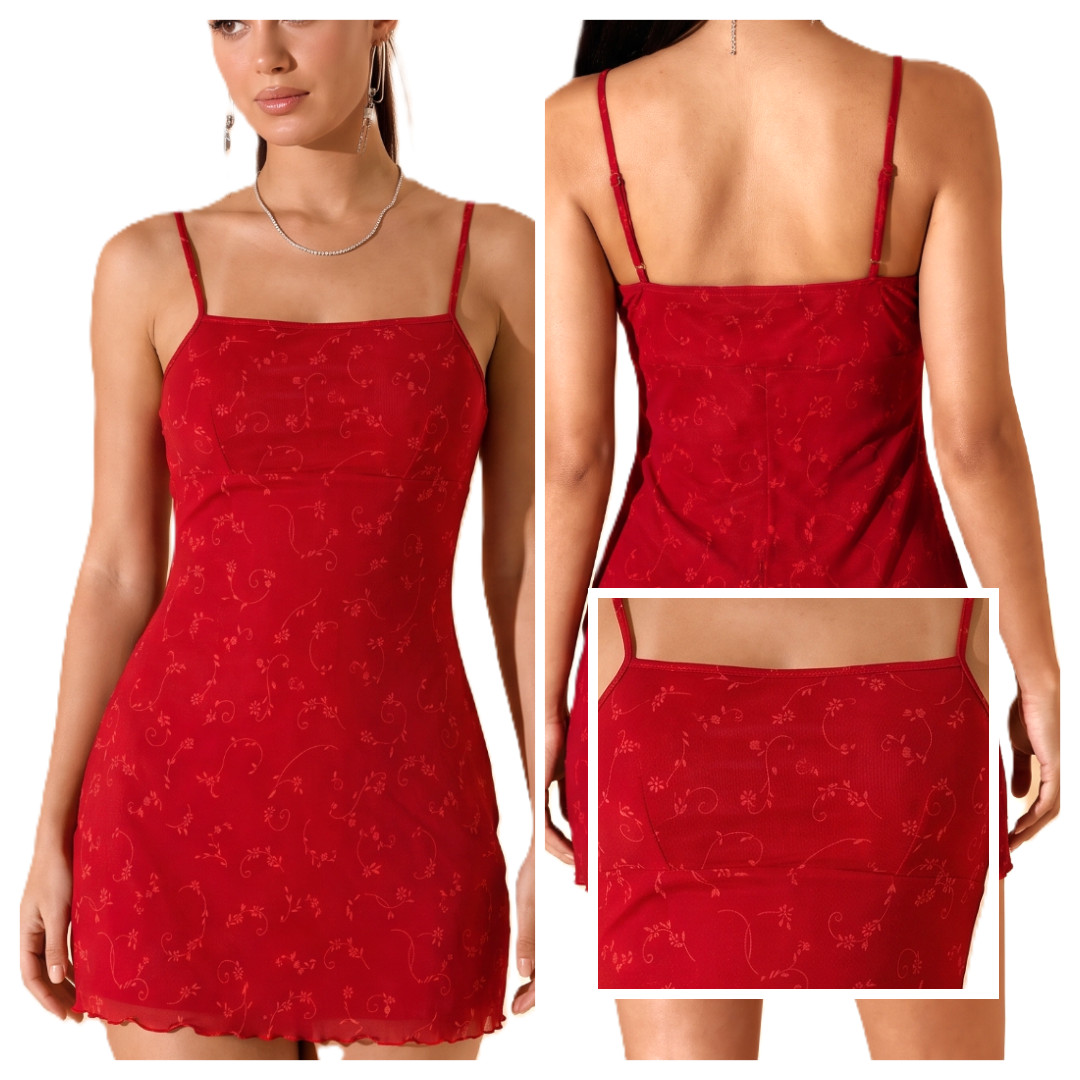 Y2k Babydoll Dress Red Mesh dainty glitter floral Vampy Sirencore Whimsigoth vtg