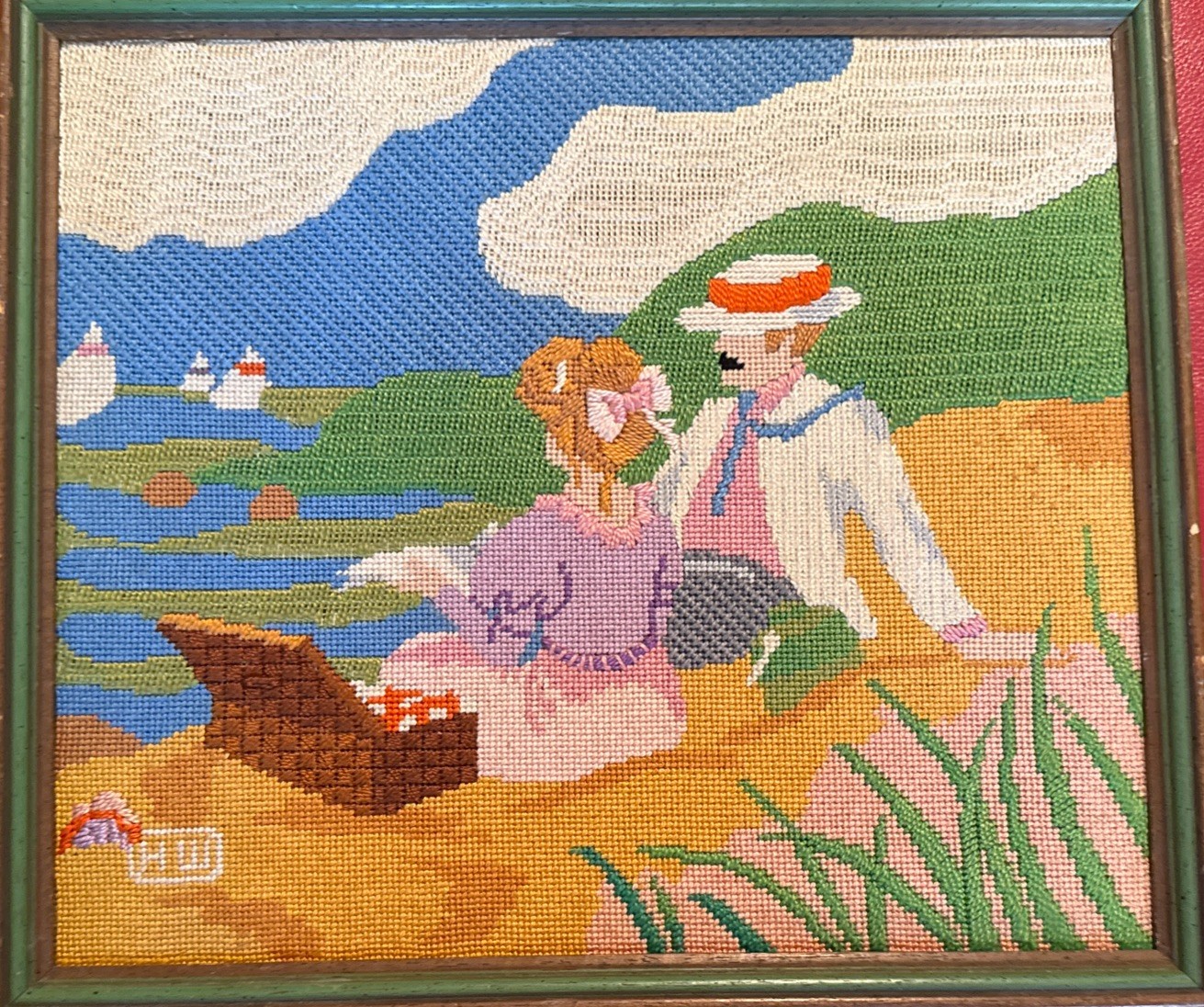 VTG Impressionist Needlepoint Embroidered Beach Scene Dune Picnic 19th C. Couple VTG Impressionist Needlepoint Embroidered Beach Scene Dune Picnic 19th C. Couple