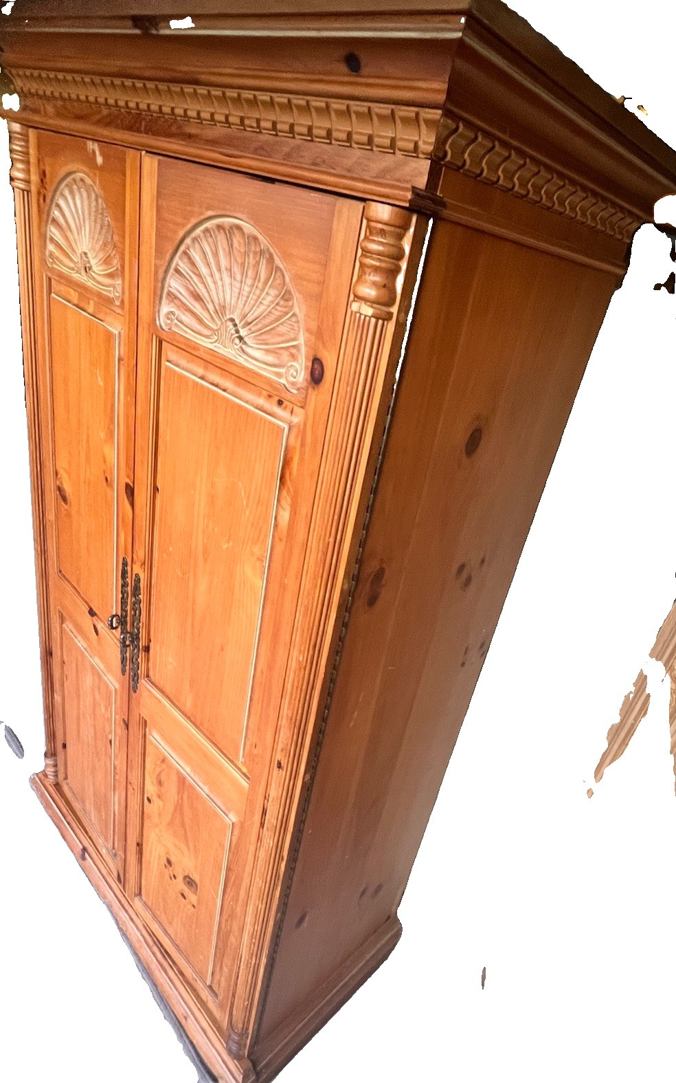 Vintage Solid Pine Armoire Wardrobe – Carved Sunburst Medallions Storage Cabinet