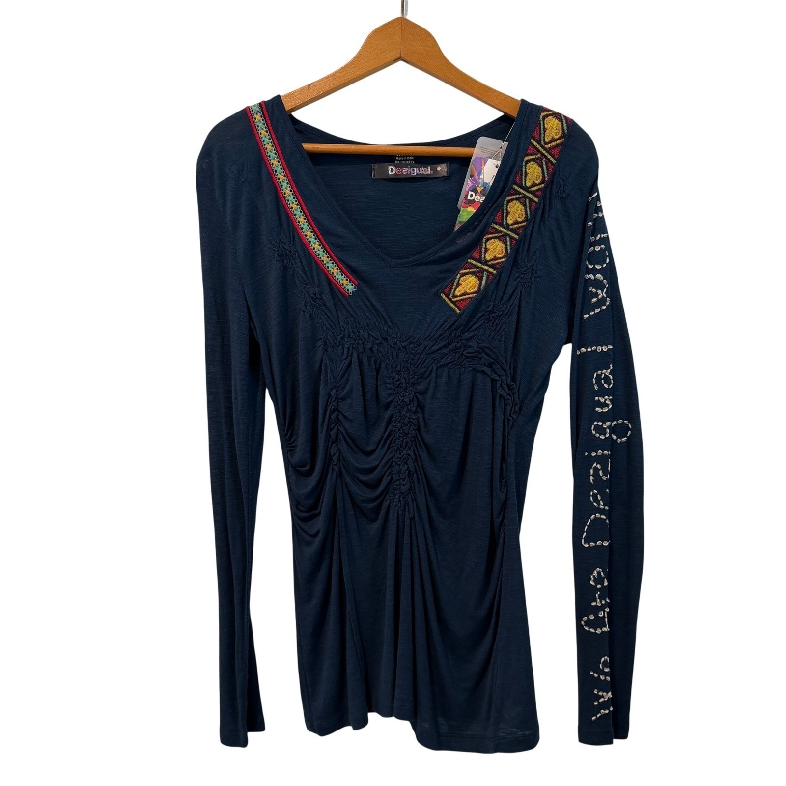 NWT Desigual Women\'s Embellished V-Neck Tunic Top Navy Blue Long Sleeve Size L