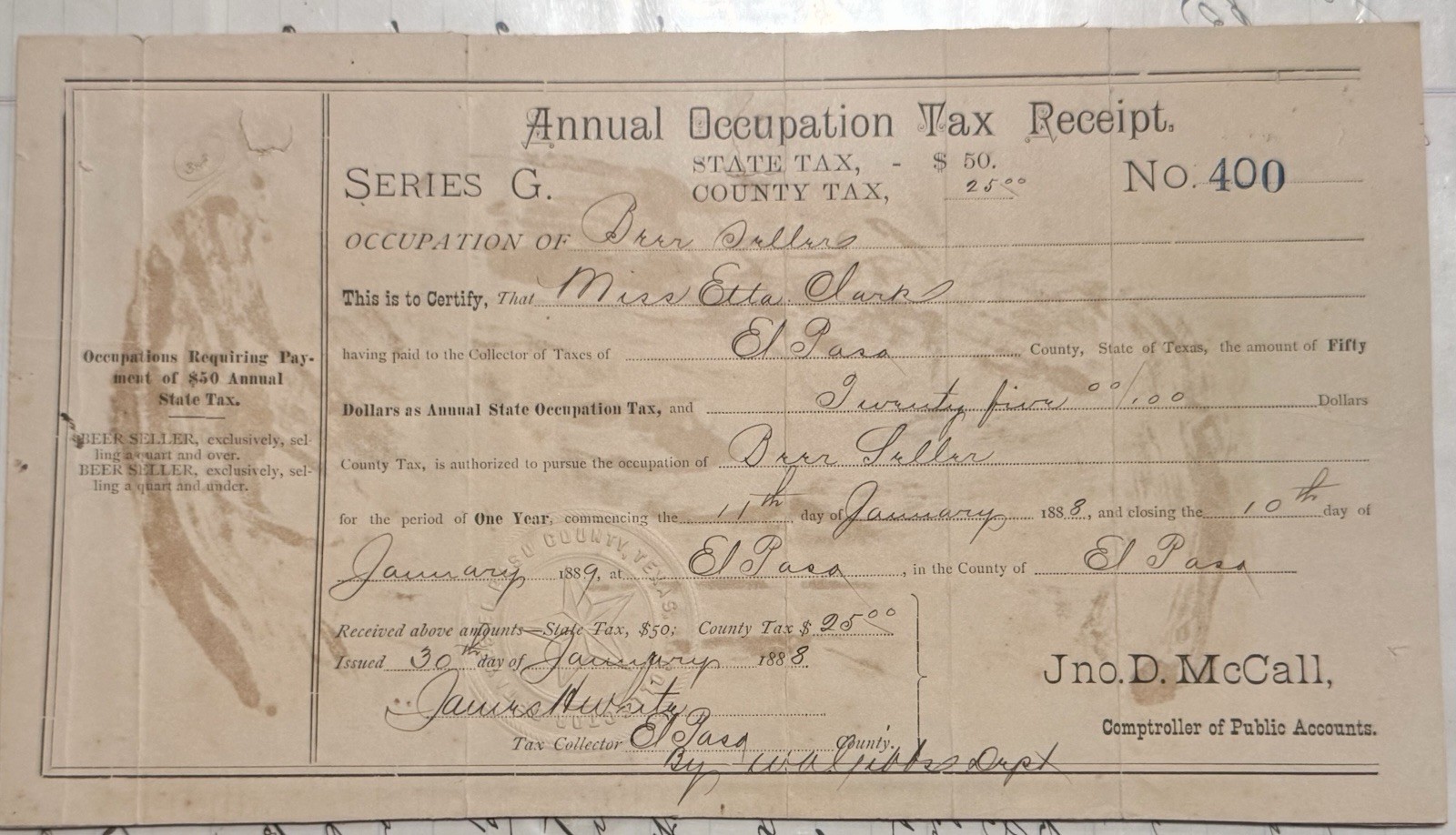 Rare Authentic El Paso Texas Prostitution Document Madam Etta Clark License 1888 Rare Authentic El Paso Texas Prostitution Document Madam Etta Clark License 1888