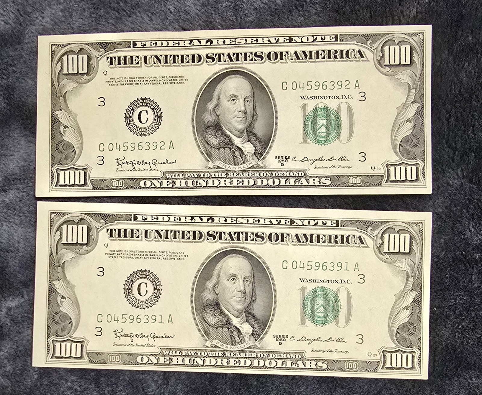 CONSECUTIVE PAIR Series 1950-D $100 Federal Reserve Notes - Philadelphia C - UNC