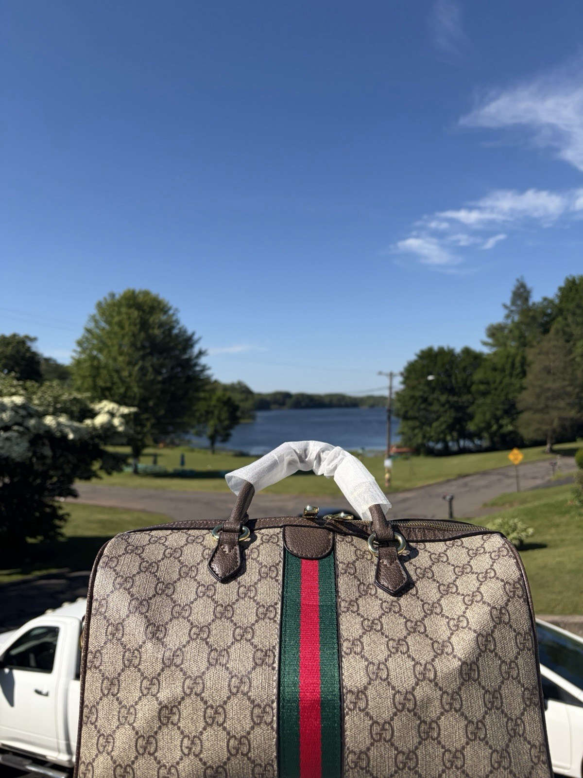 Gucci GG Monogram Web Stripe Satchel Top Handle Zip, Dust Bag/Box, Gold Gucci GG Monogram Web Stripe Satchel Top Handle Zip, Dust Bag/Box, Gold